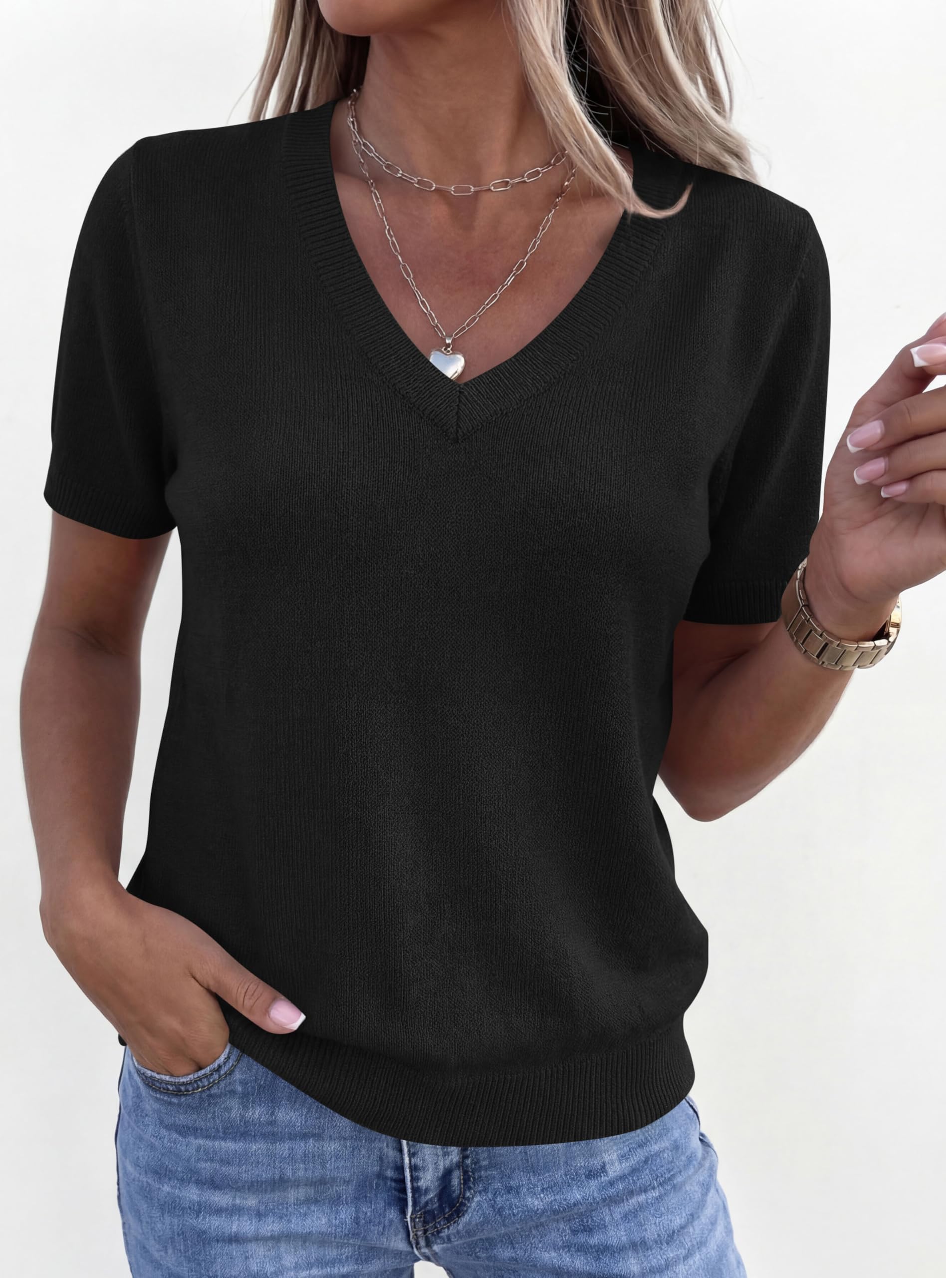 Womens Short Sleeve Sweater V Neck Tops,Black,S