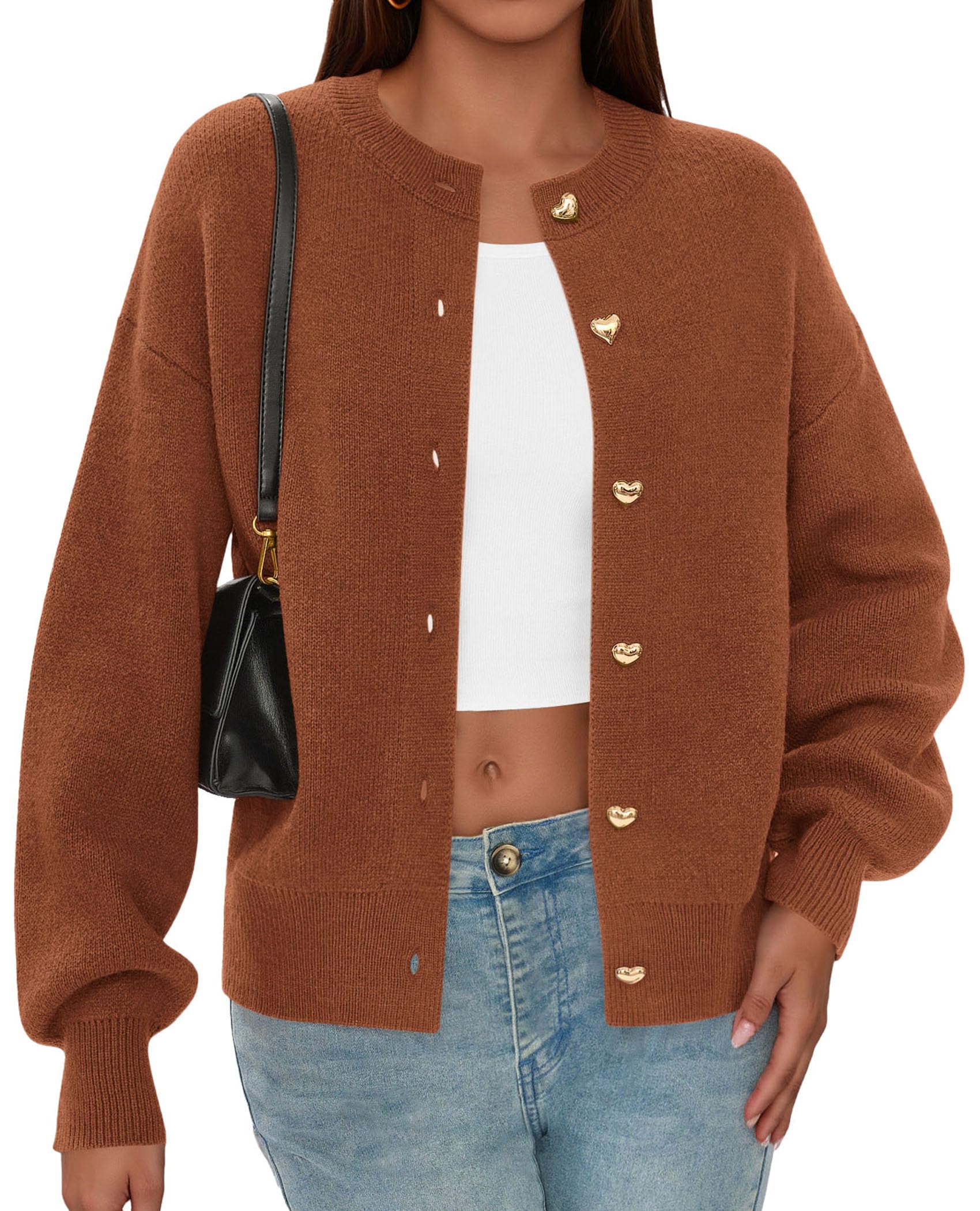 Women's Long Sleeve Button Up Cardigan,Red Brown,S