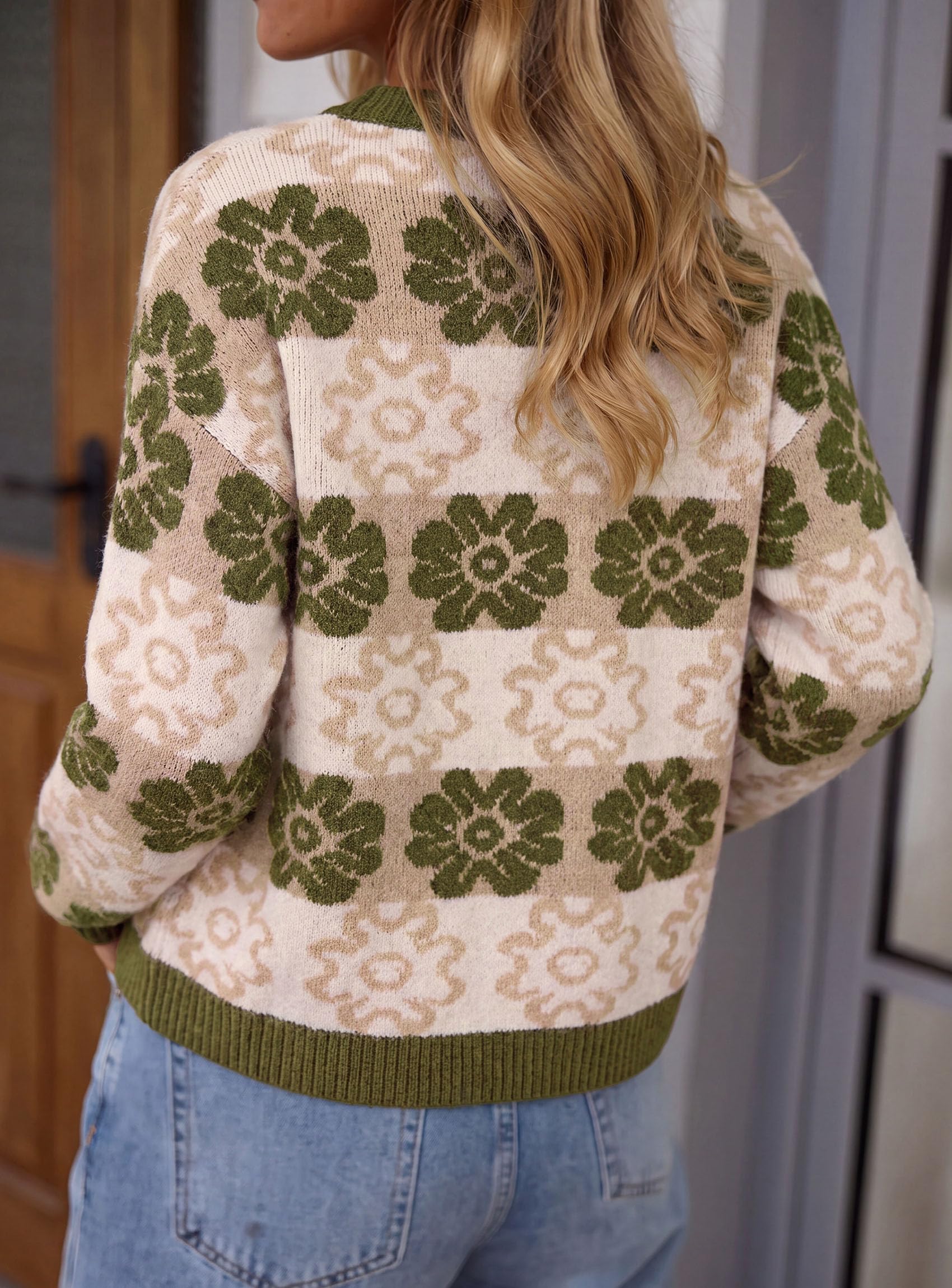 Women's Floral Crewneck Sweater Knit Pullover,Army Green,S