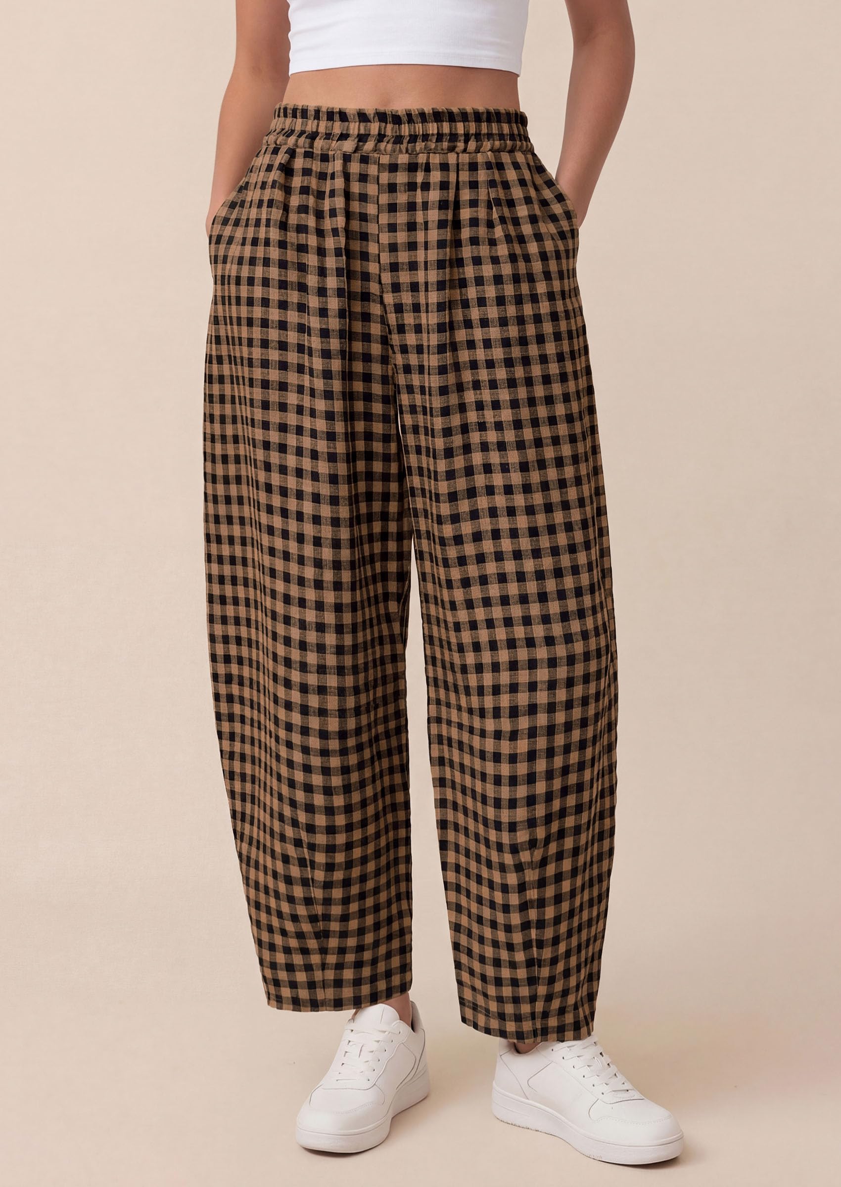 Plaid Barrel Pants Women Summer Bottoms, Black Khaki Plaid,S