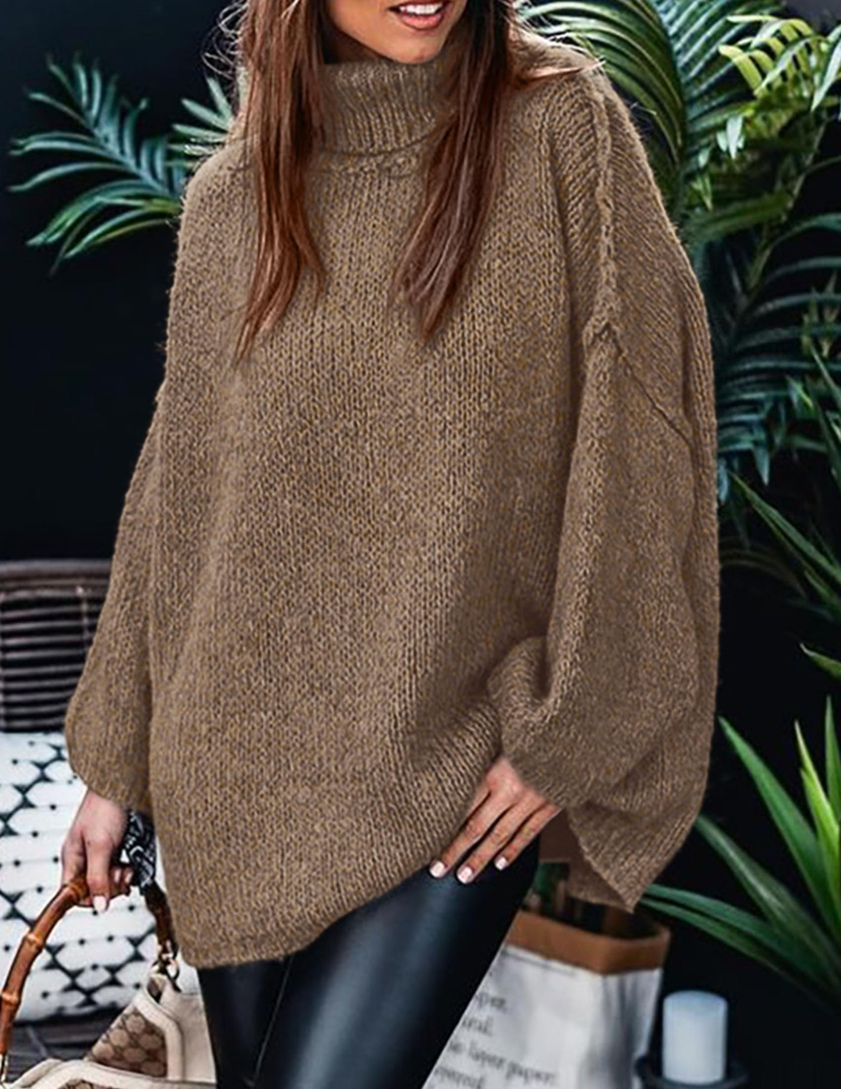 Womens Turtleneck Long Sleeve Oversized Sweaters,Light Brown,S