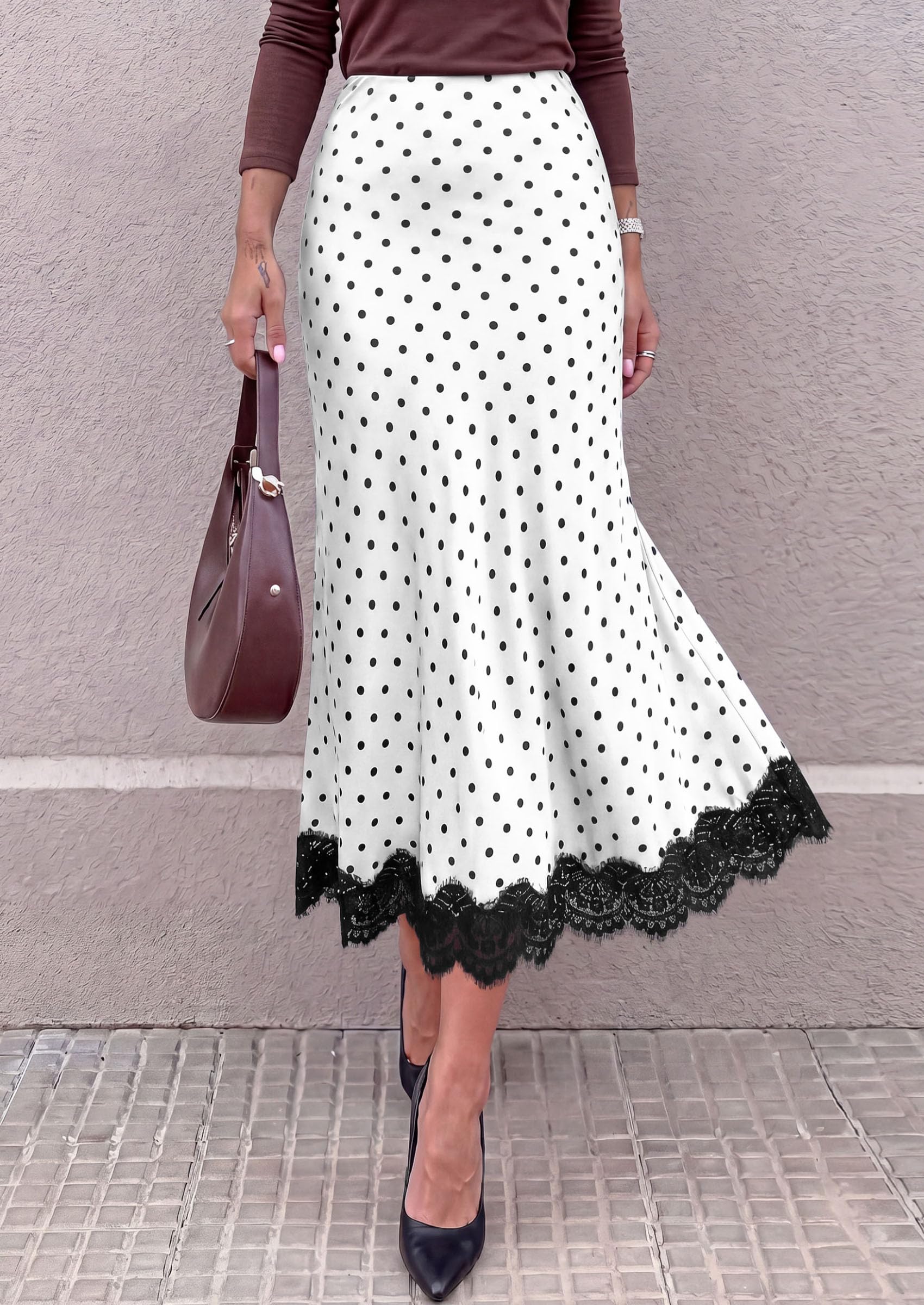 Women's Polka Dot Satin Skirt Fall Flowy Midi Leopard Skirts