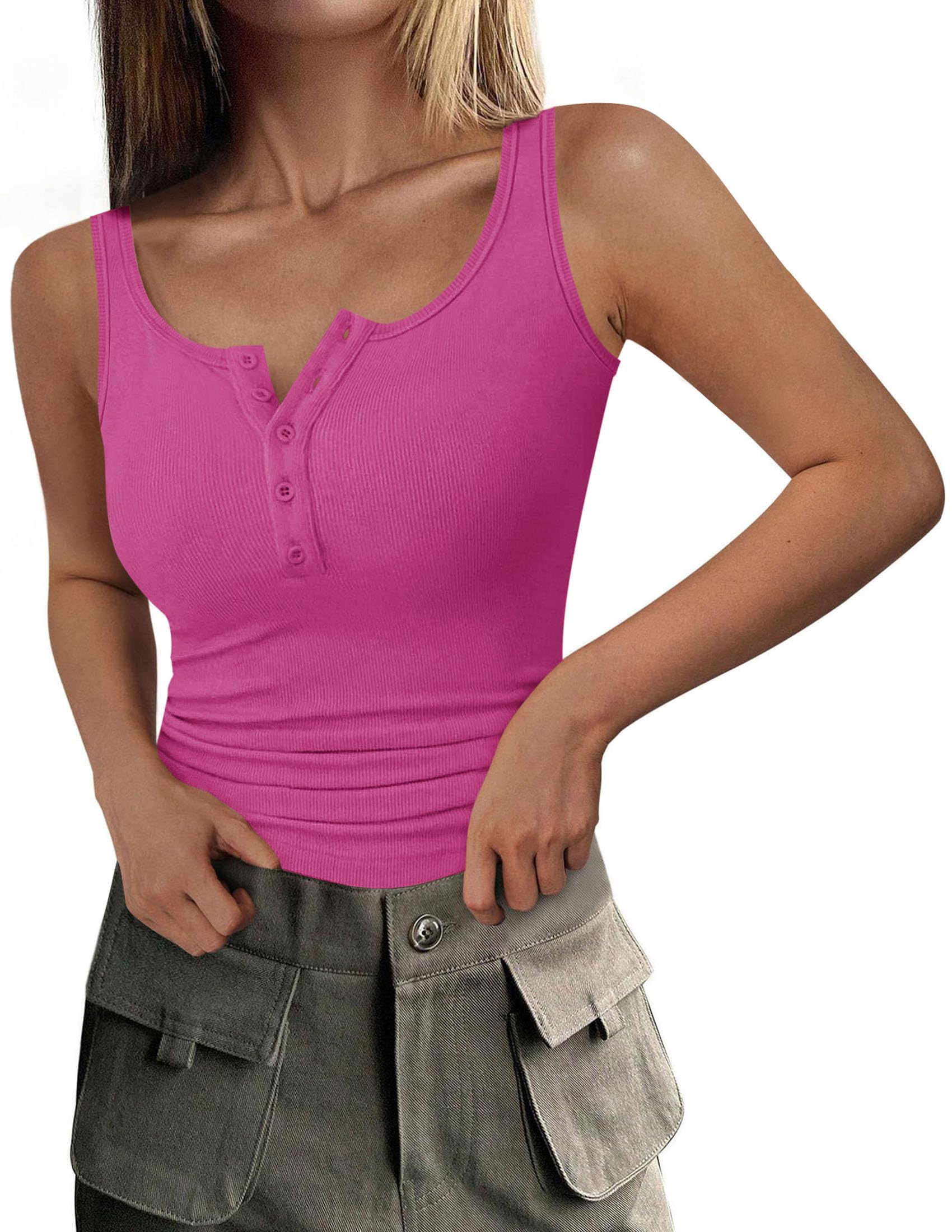 Womens Button Up Sleeveless Henley Tank Tops,Rose Red,S
