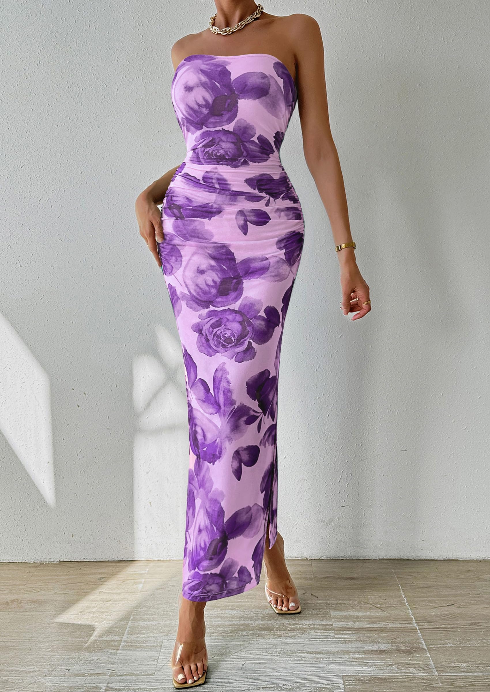 Women's Strapless Bodycon Floral Maxi Dress, Purple Flower,S