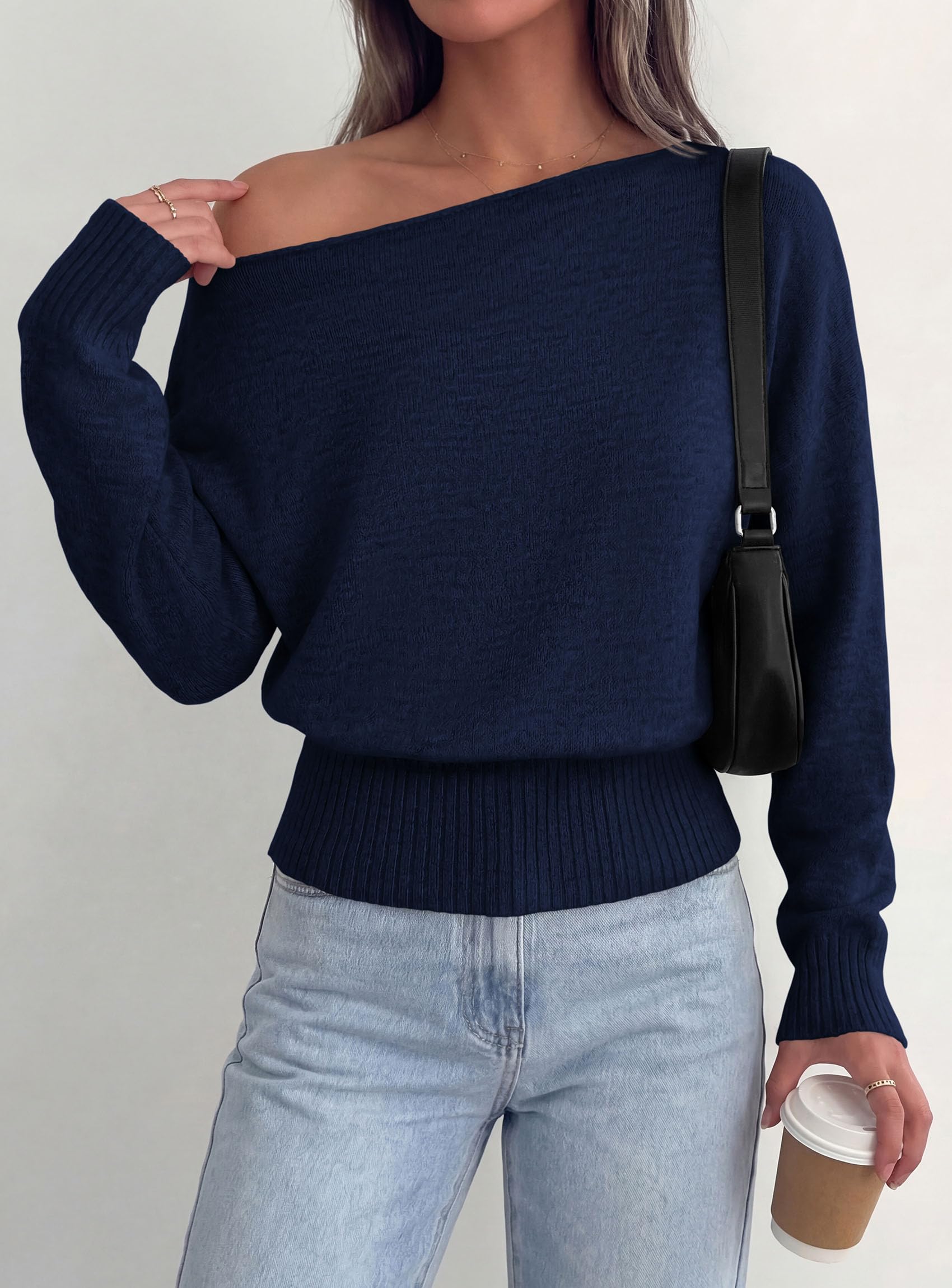 Womens Off The Shoulder Sweater Fall Fashion,Navy Blue,S