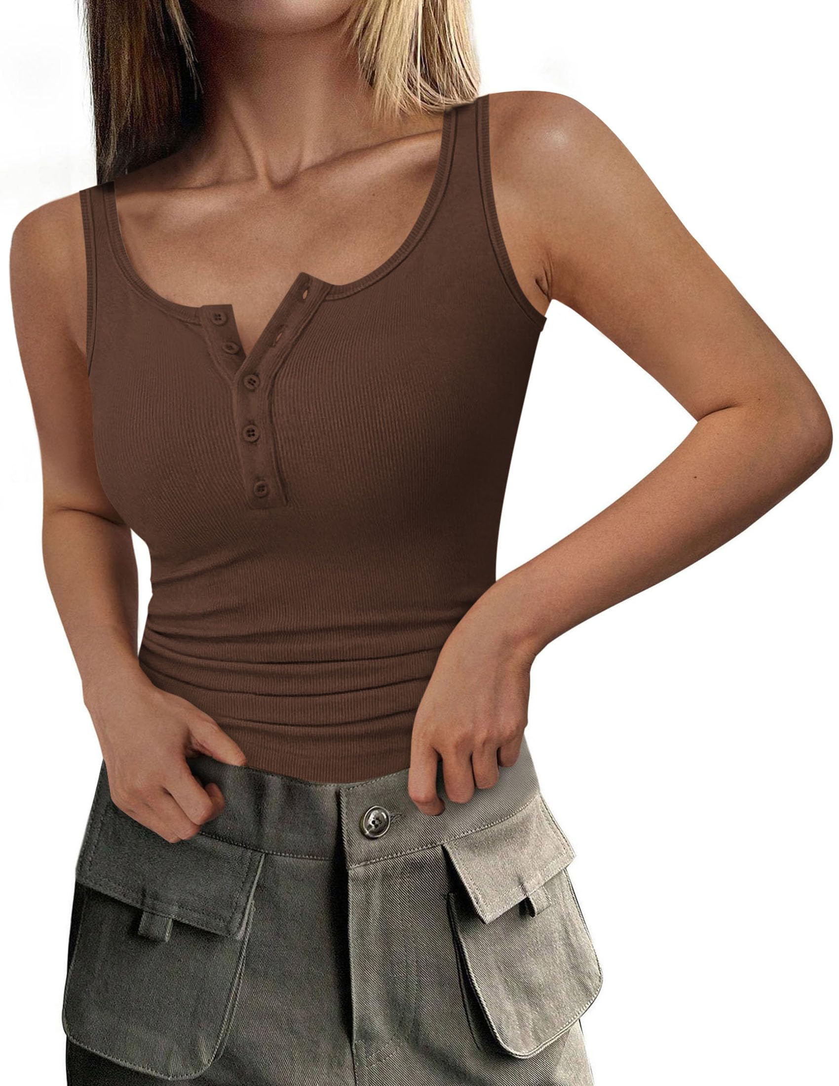 Womens Button Up Sleeveless Henley Tank Tops,Light Brown,S