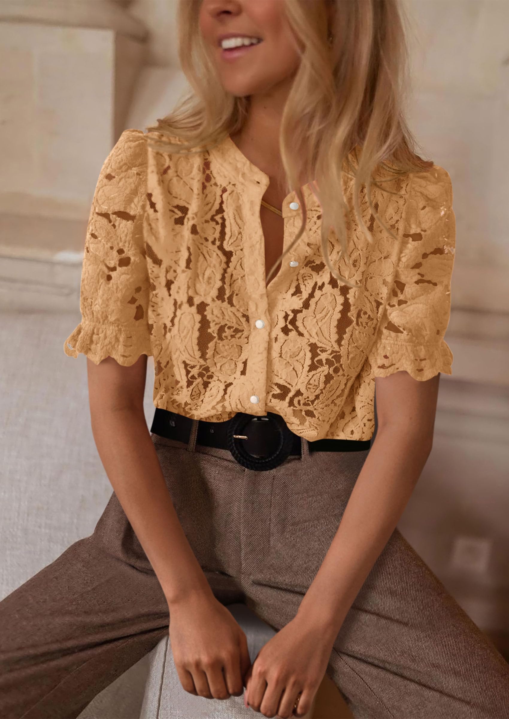 Womens Lace Tops Button Down Short Sleeve Shirts,Khaki,M