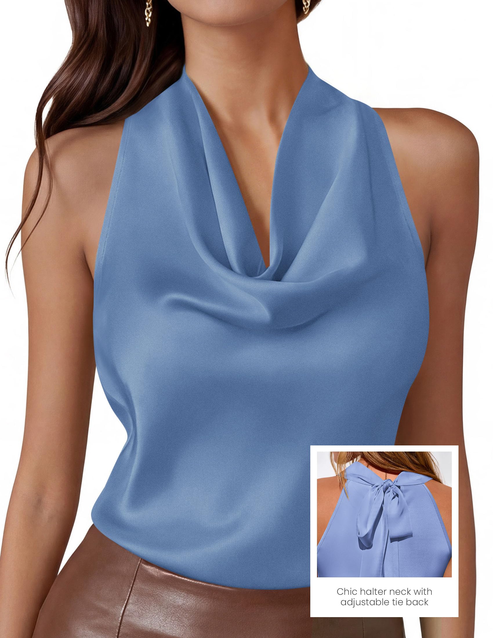 Satin Halter Tops for Women Dressy Casual Blue,XS