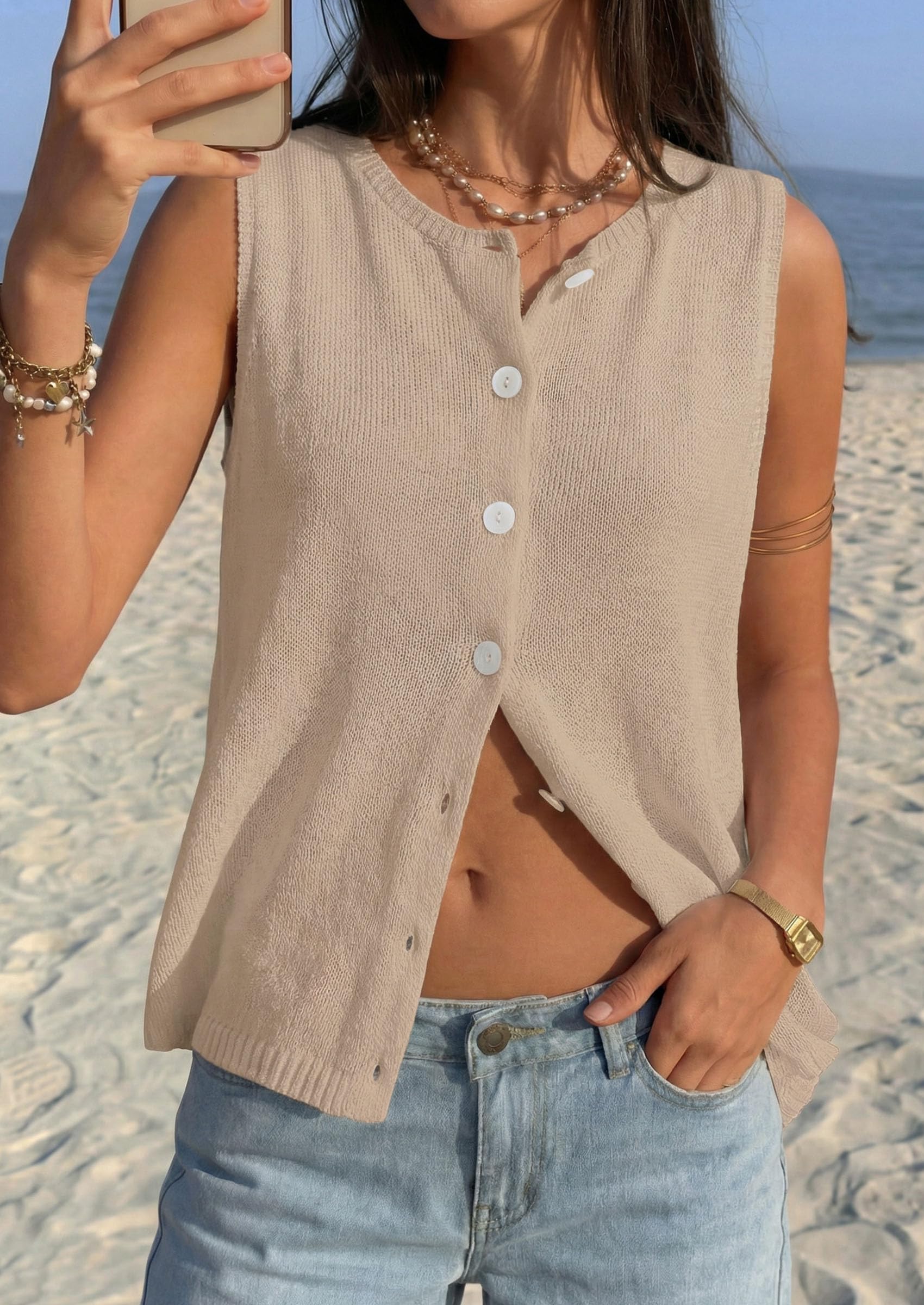 Women's Summer Button Up Sweater Vest Tops,Khaki,S