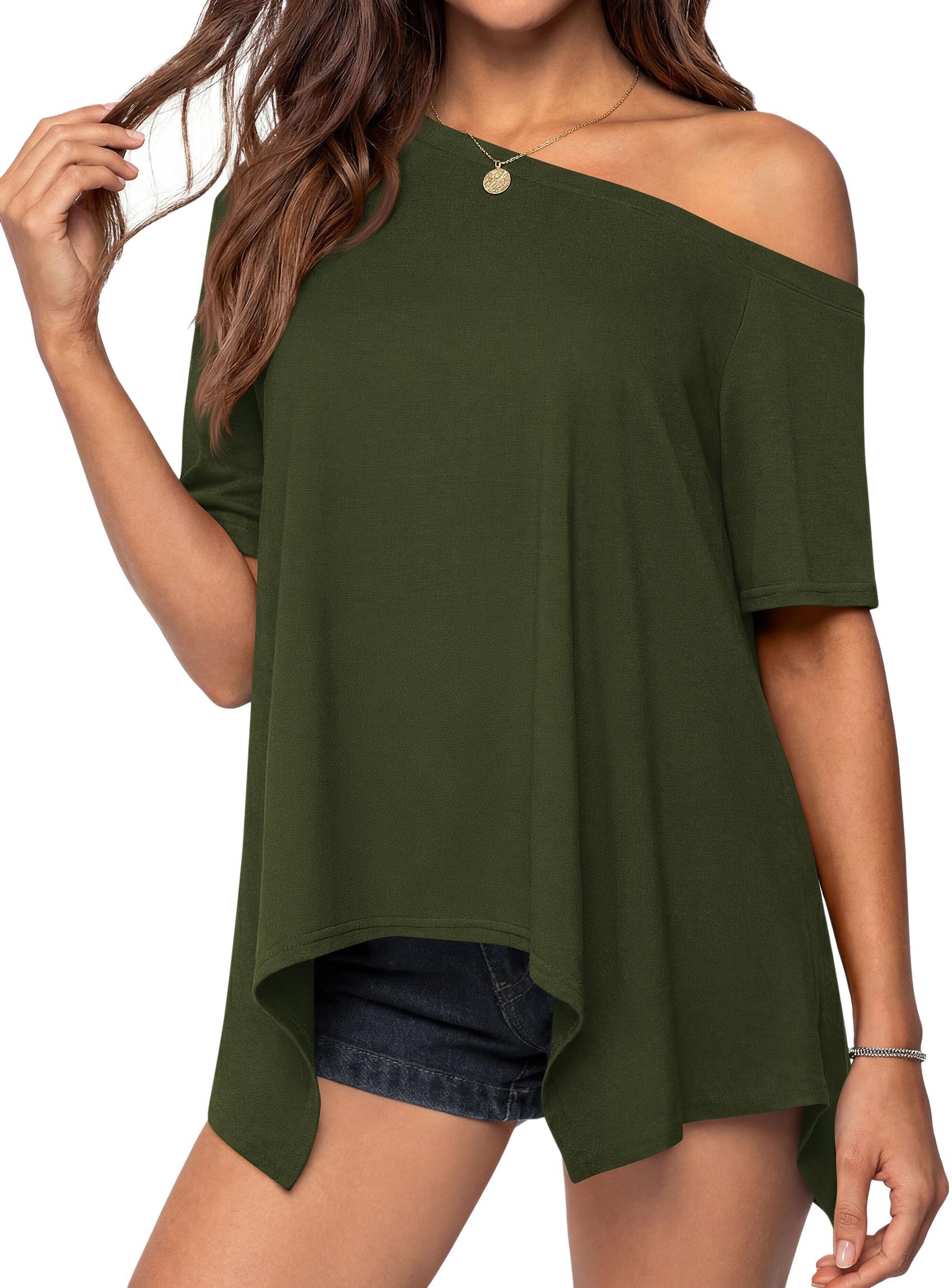 Off Shoulder Tops for Women Oversized Tshirts, Army Green,S
