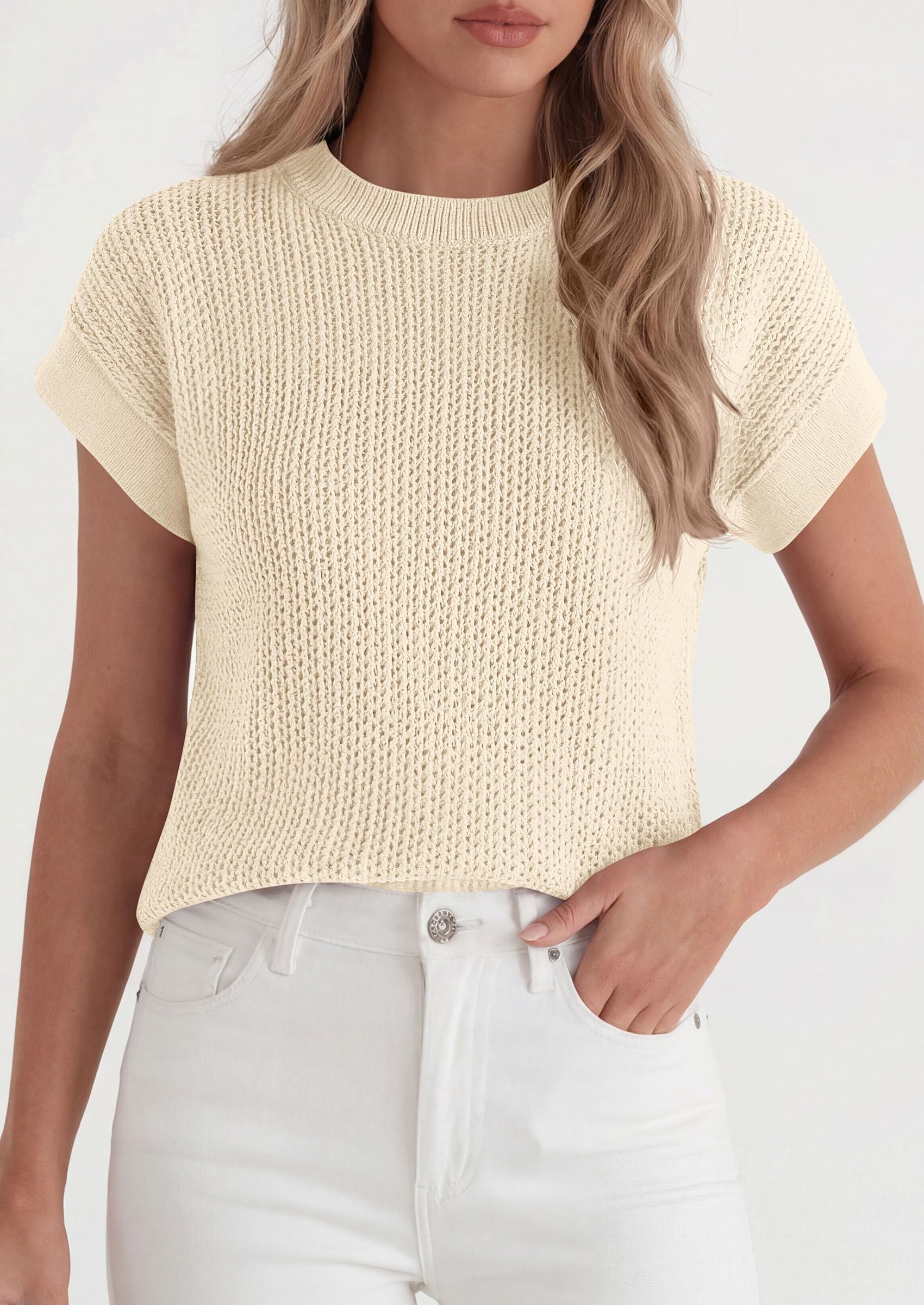 Women's Summer Sweater Vest Crochet Tops (Beige,S)