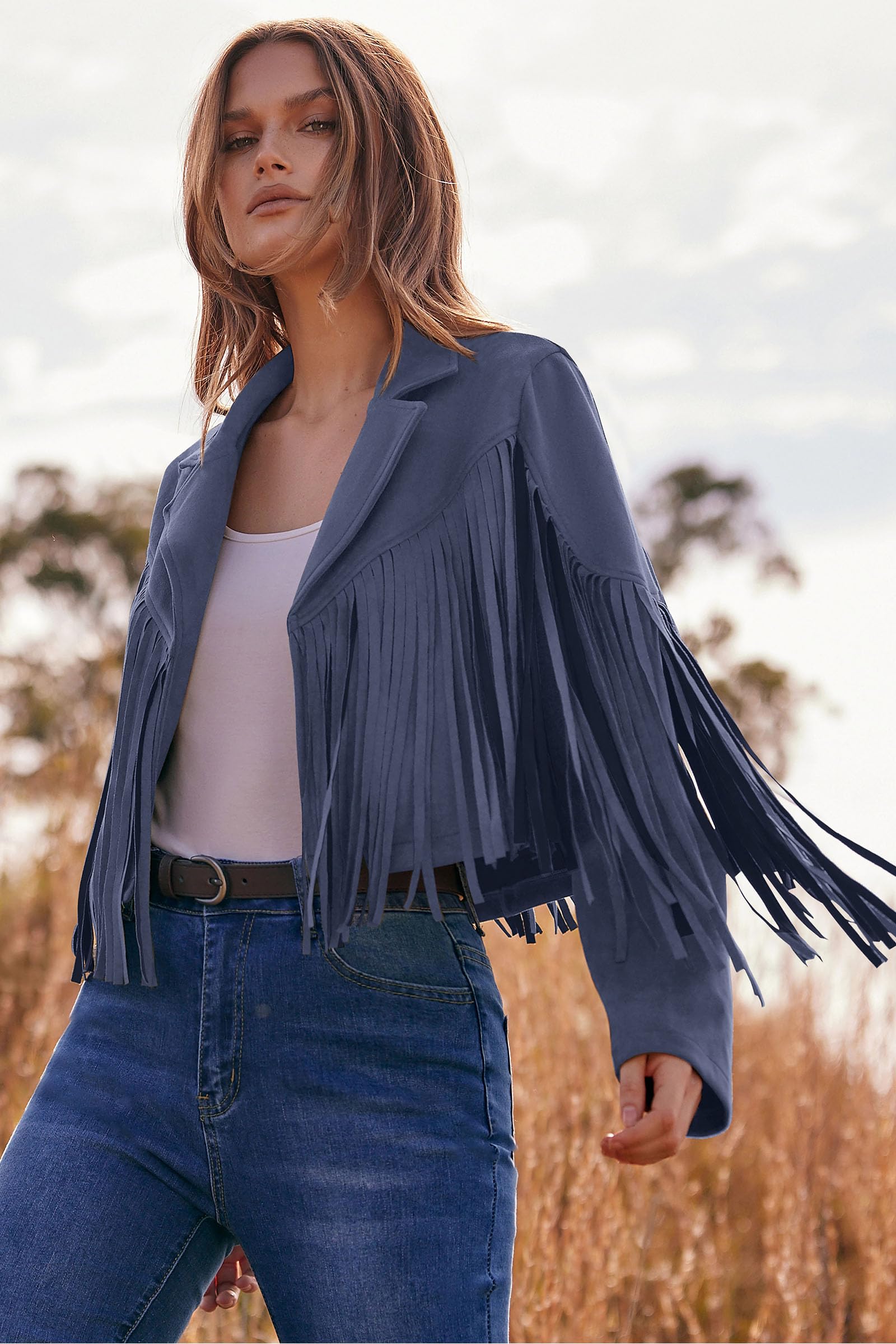 Women's Fringe Faux Suede Leather Jackets,Haze Blue,S