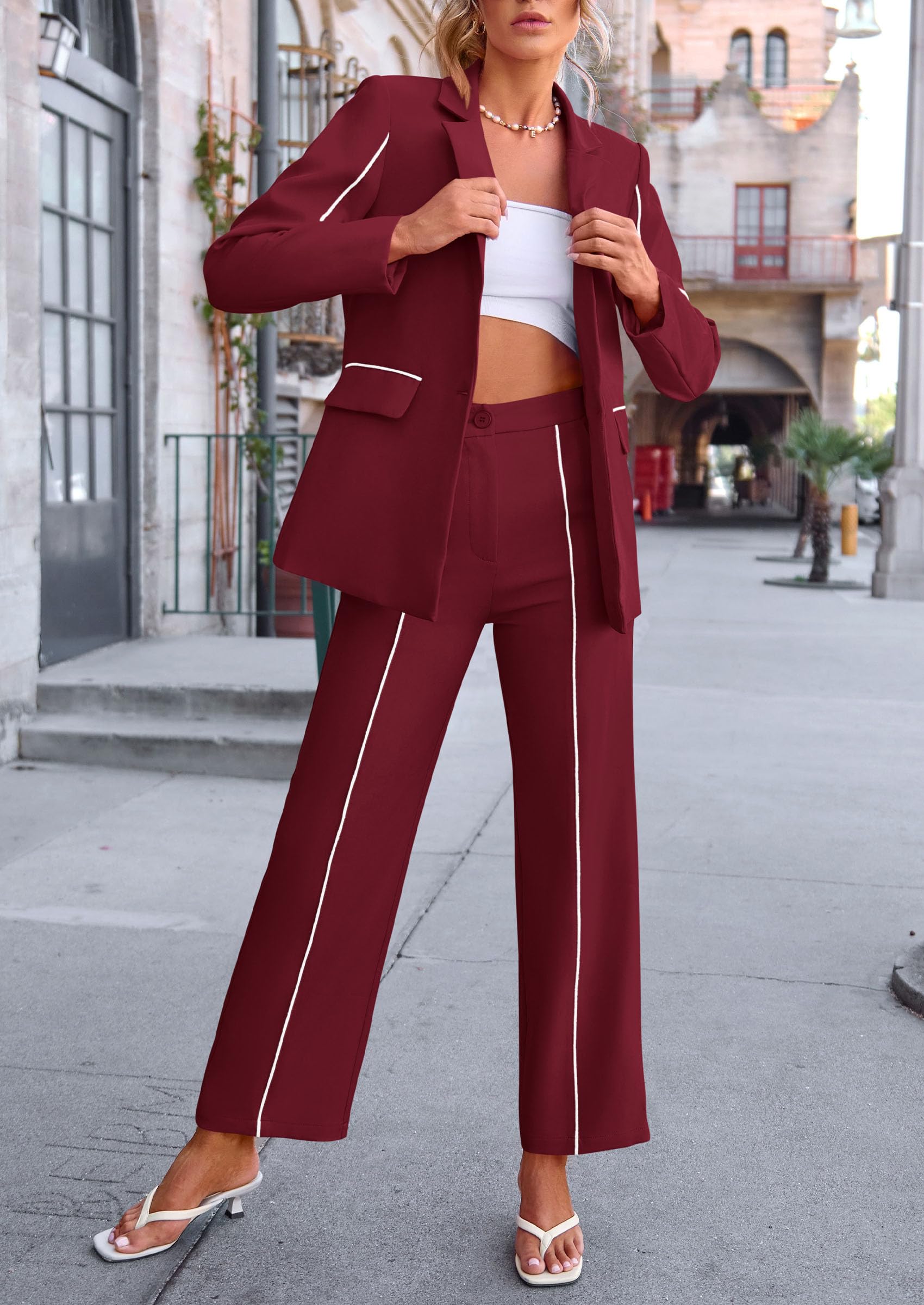 Women's 2 Piece Blazer Business Casual Outfits(Wine Red,S)