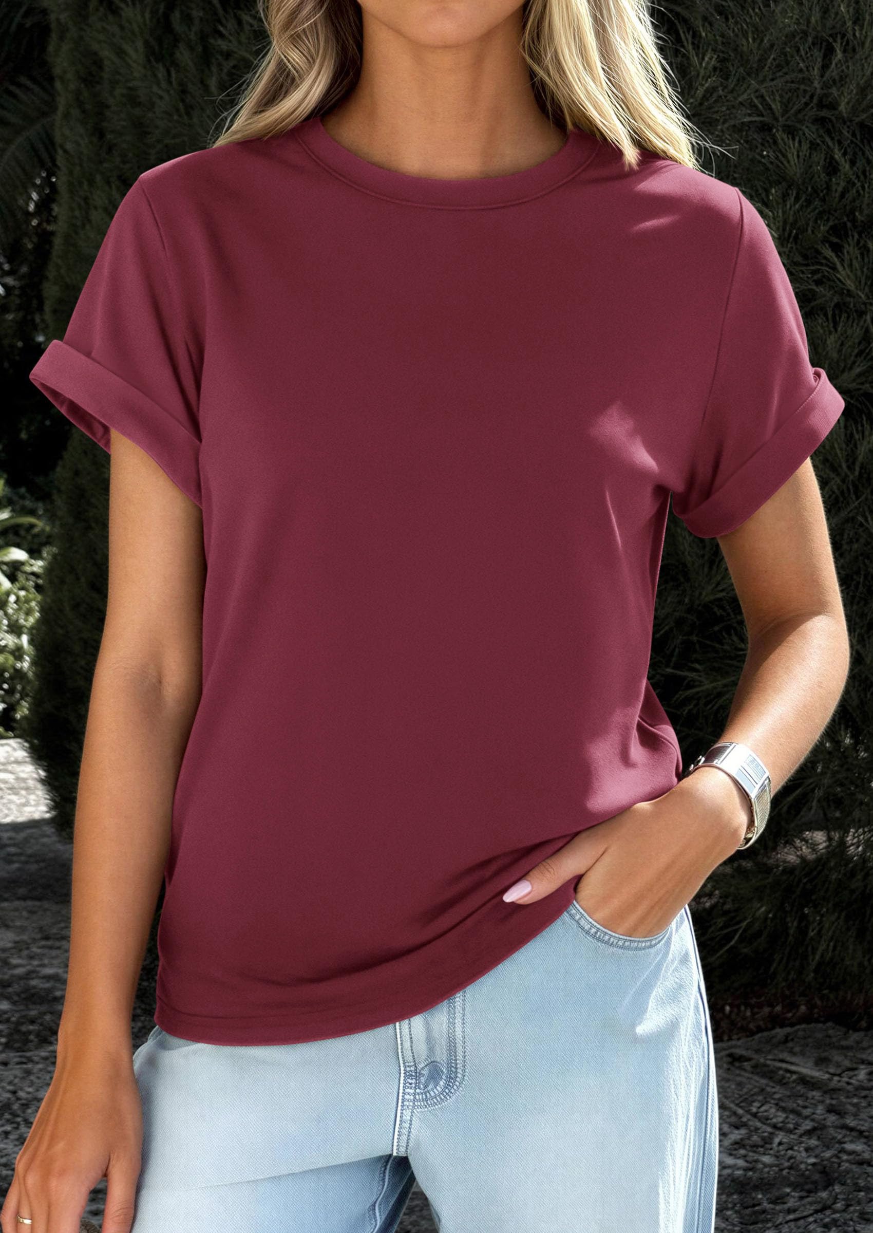 Womens Summer Tops Short Sleeve Shirts,Wine Red,M