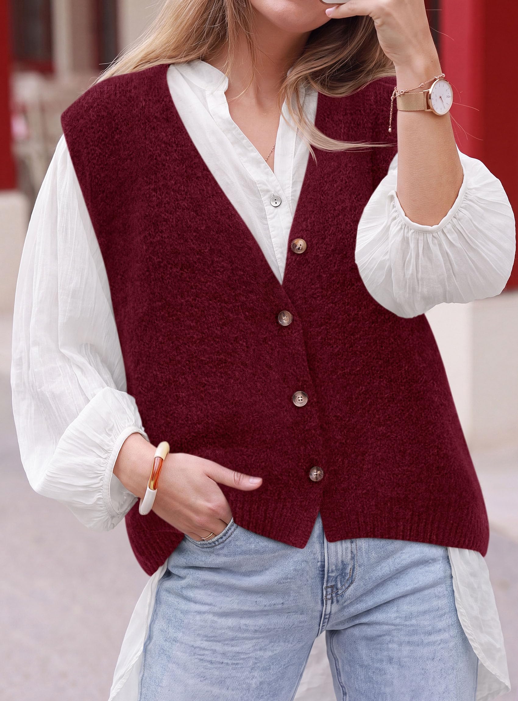 Womens Fall Sleeveless Button Down Sweater Vest,Wine Red,M