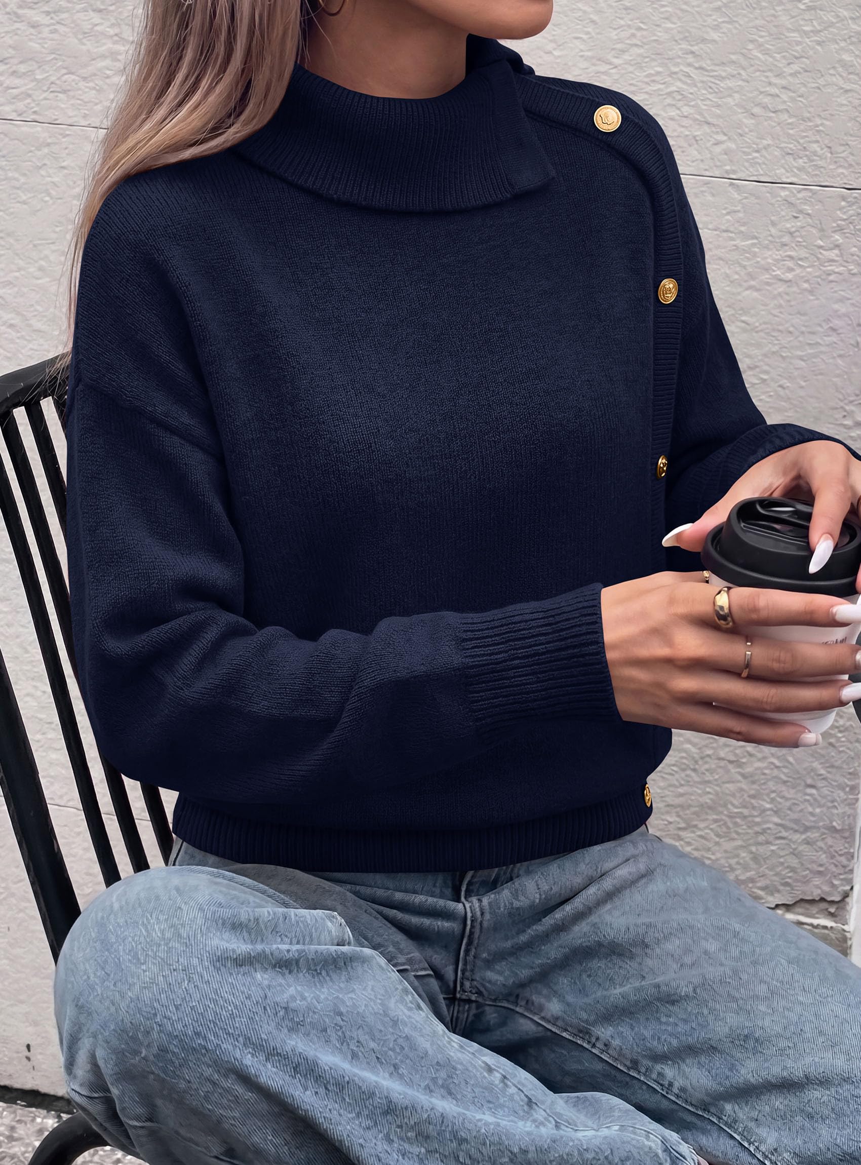 Womens Turtleneck Sweater Pullover Side Button Fall Clothes