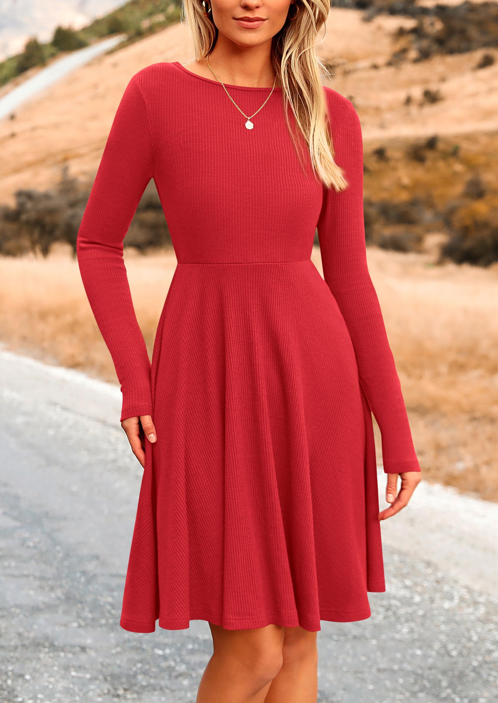 Women's Fall Casual Long Sleeve Short Dress (Red,S)