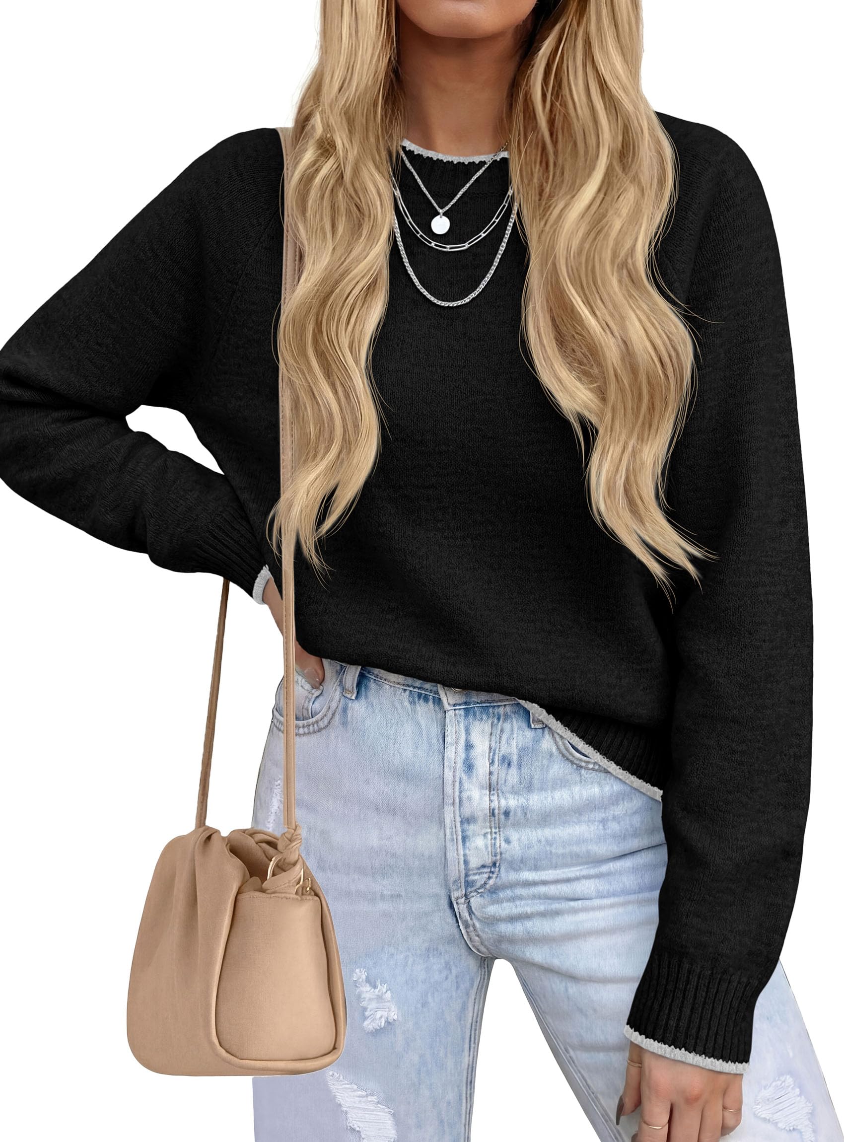Womens Crewneck Fall Sweaters Pullover Tops,Black,S