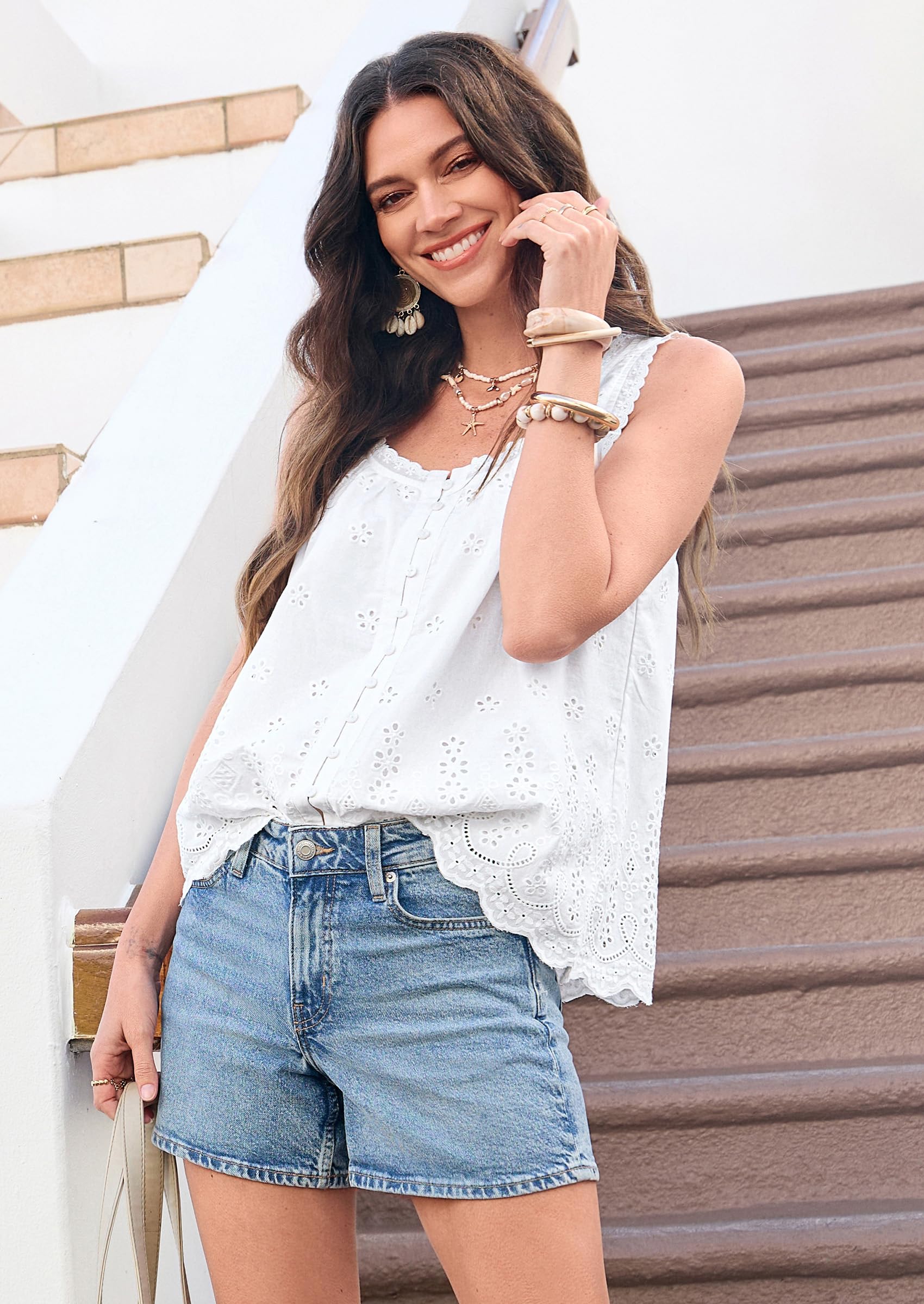 Women's Lace Tank Top Embroidery Eyelet Blouses,White,L