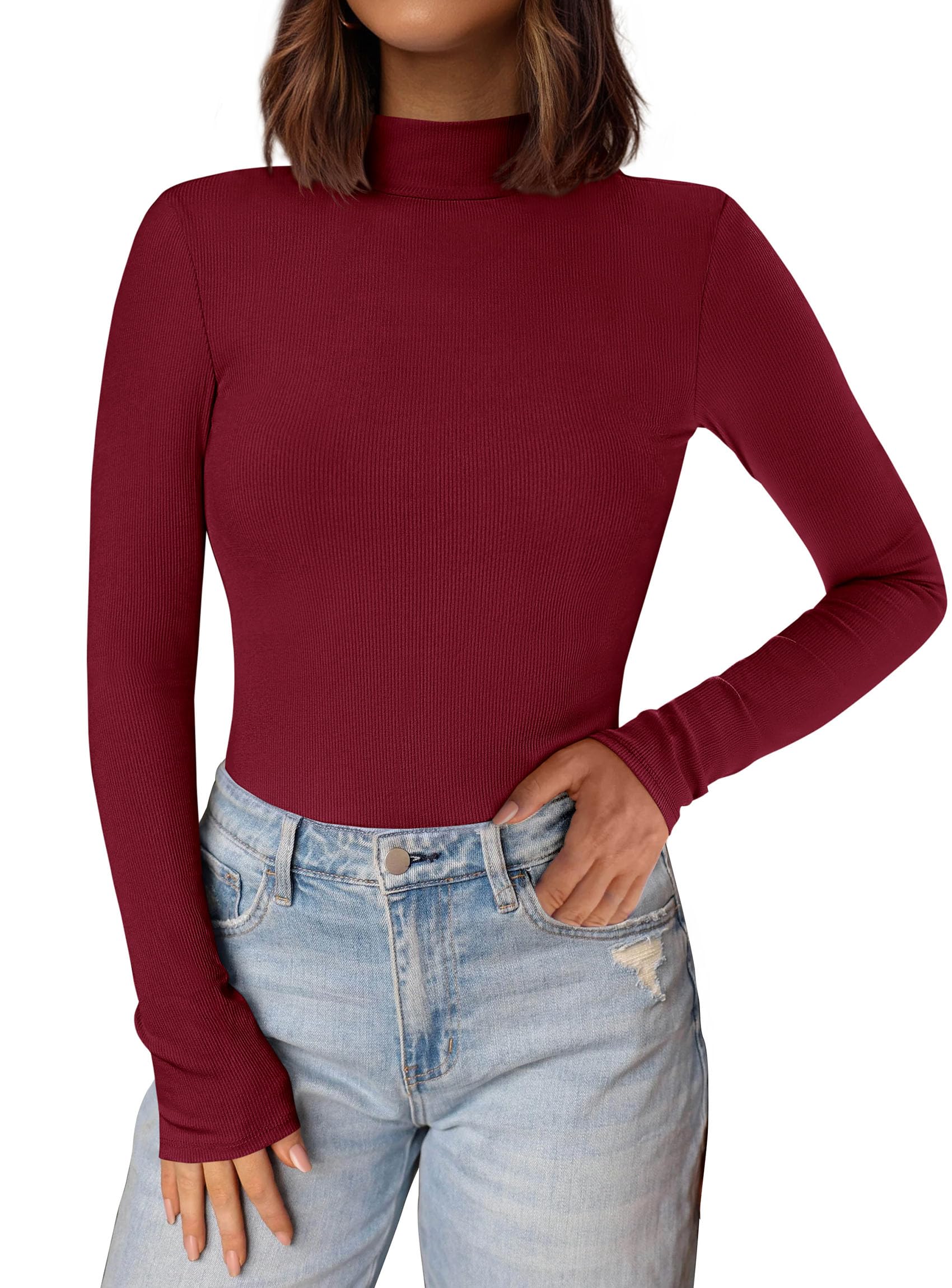 Womens Mock Turtleneck Fall Long Sleeve Shirts,Wine Red,XS