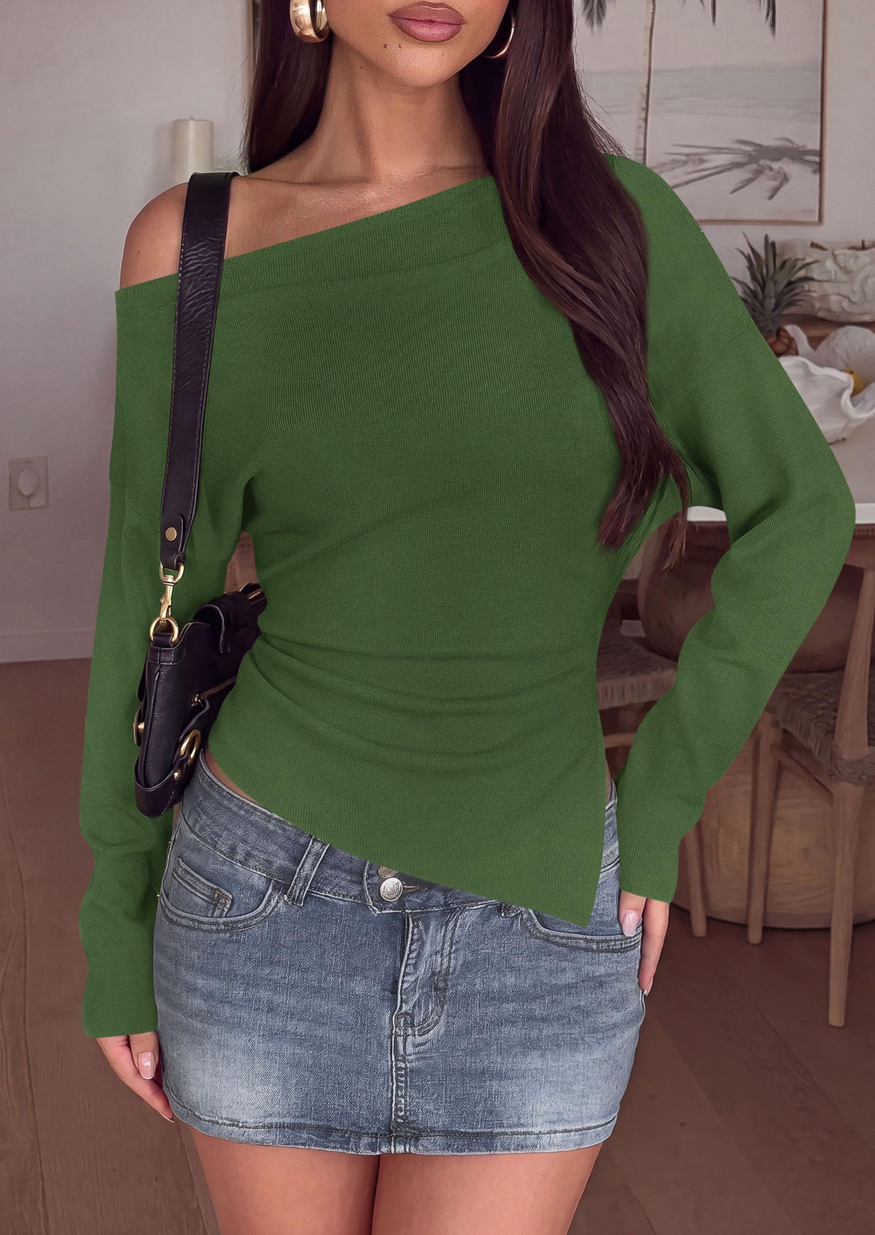 Womens Fall Long Sleeve Off Shoulder Sweater,Army Green,S