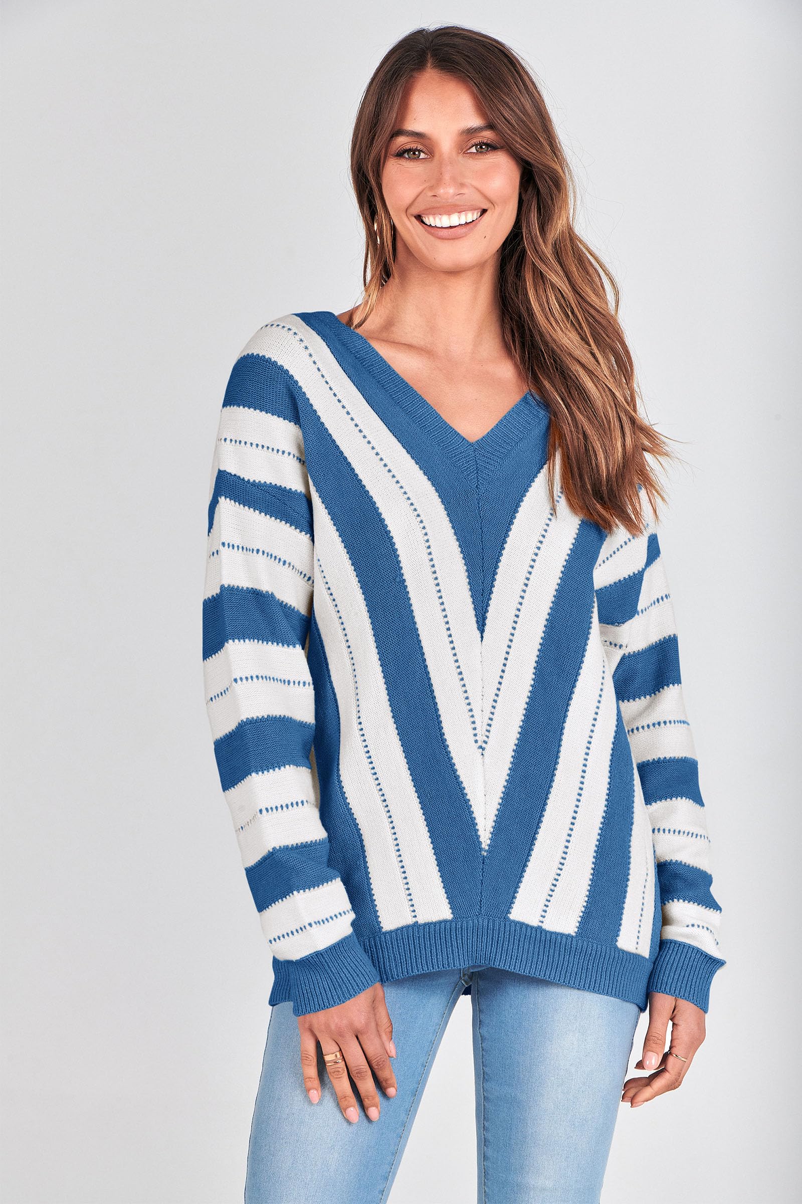 Women's V Neck Striped Knit Pullover Sweater