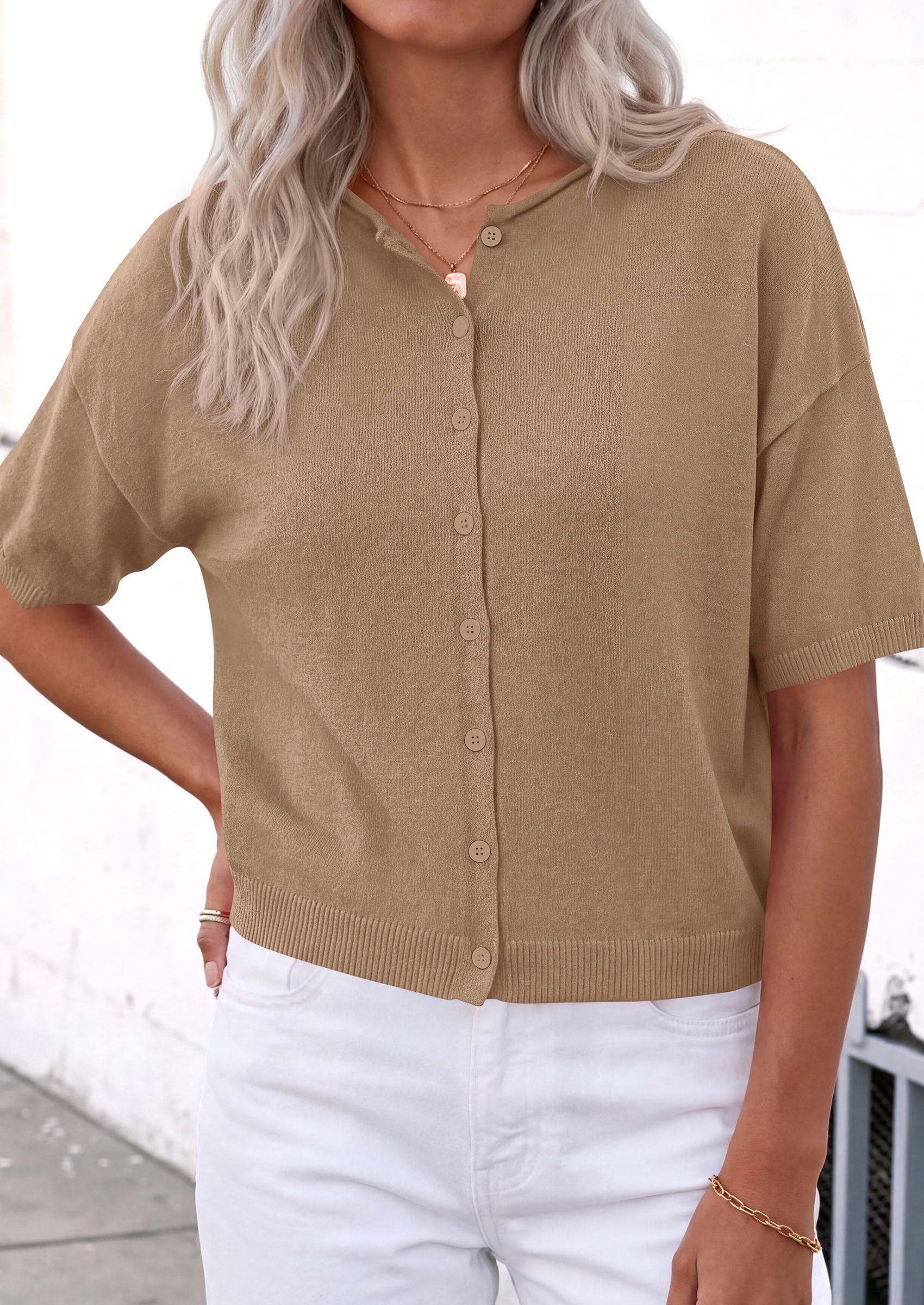 Women's Short Sleeve Cardigan Sweaters (Khaki,Small)