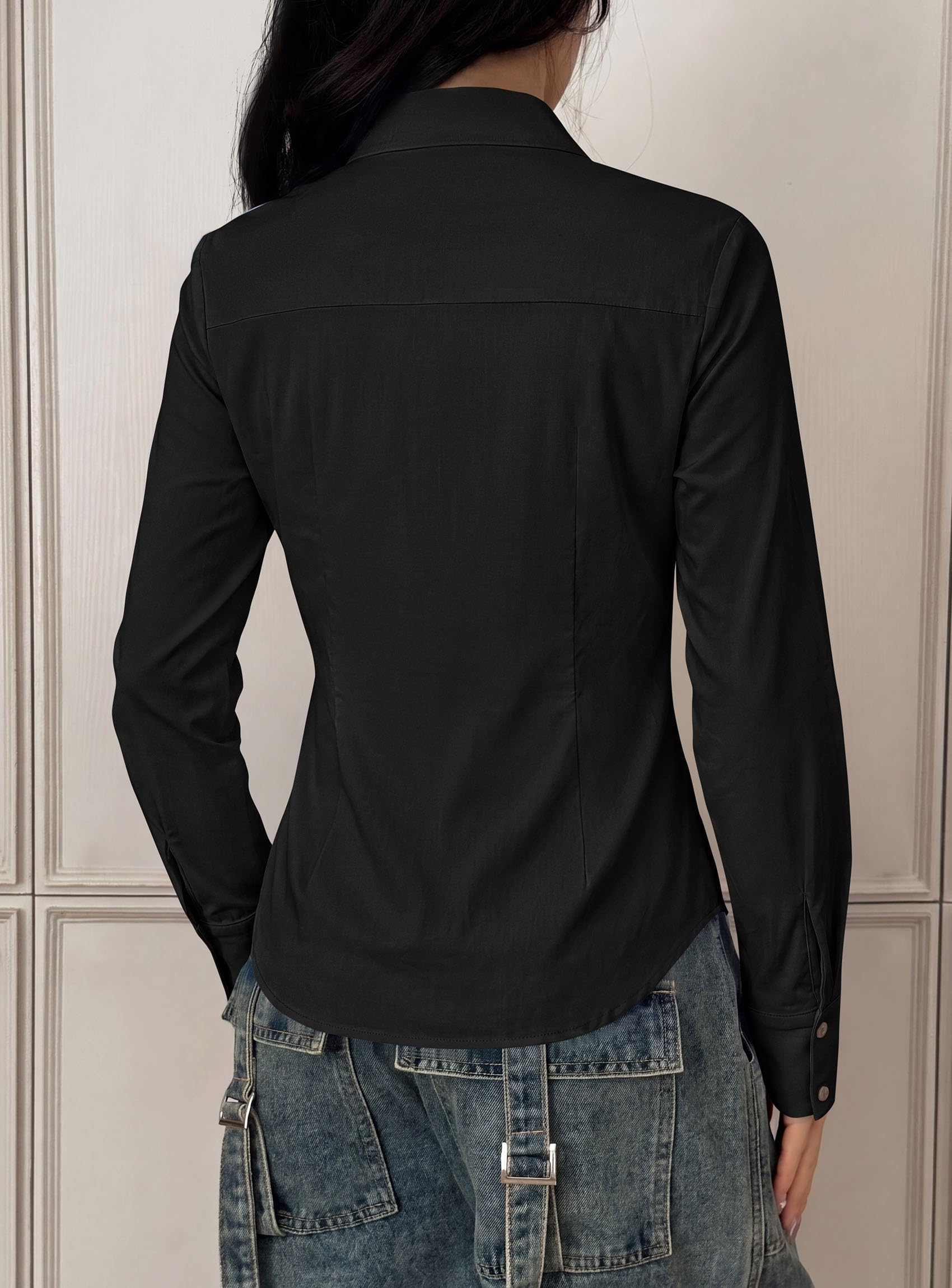 Womens Button Down Shirts Long Sleeve Blouse (Black,S)