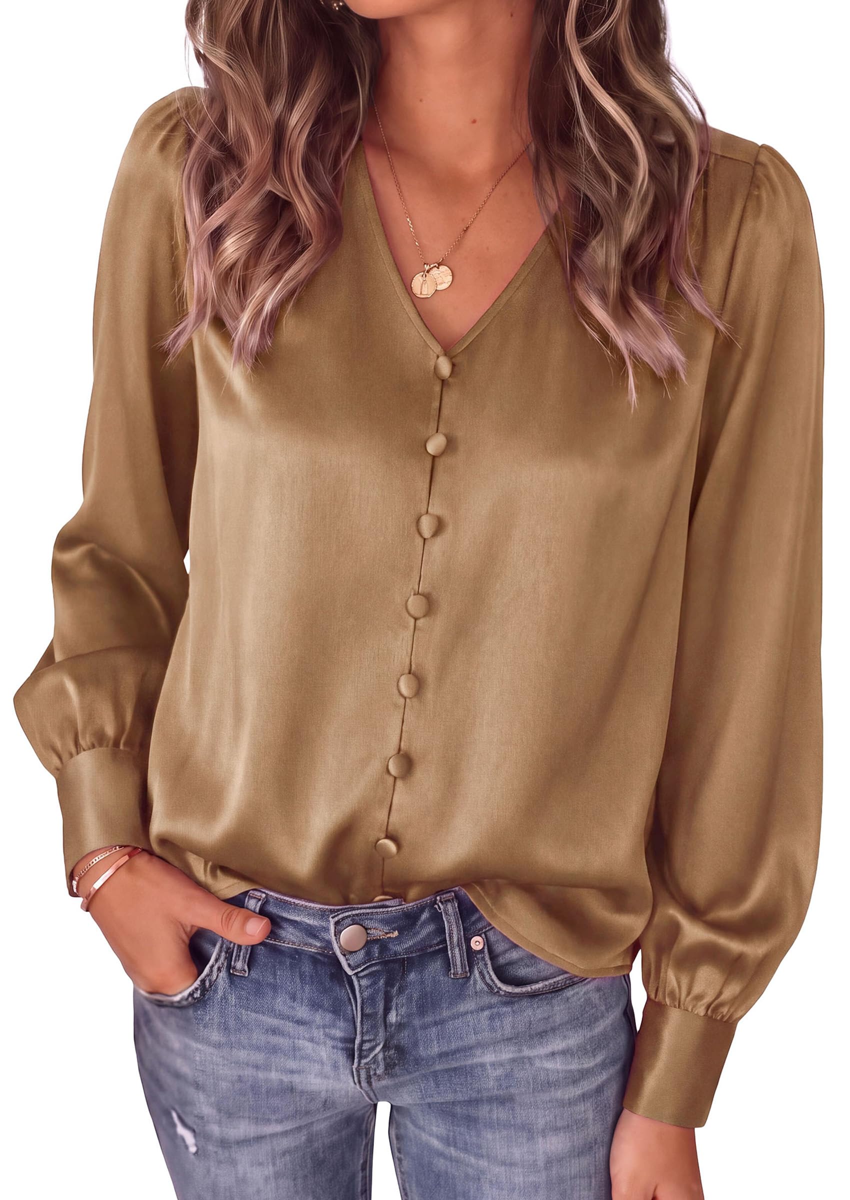 Womens Long Sleeve Satin Blouses Silk Business Casual Outfits