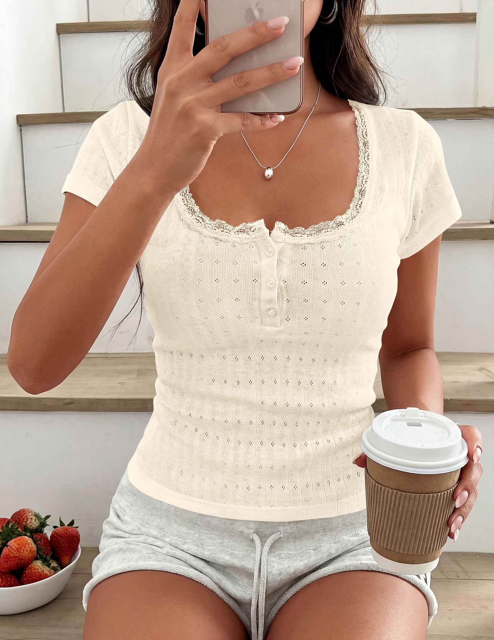Womens Summer Lace Trim Short Sleeve Henley Top,Beige,S