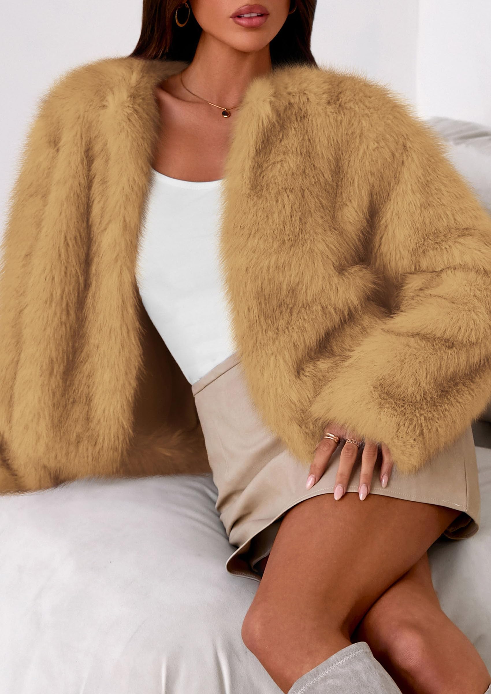 Womens Winter Coats Open Front Faux Fur Jacket,Yellow,XXL
