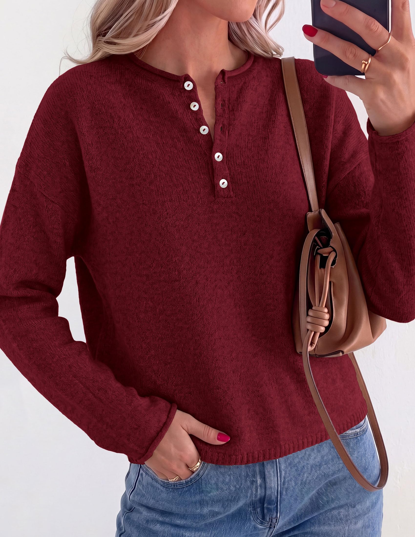 Women's Henley Cozy Sweaters Button Up Pullover Burgundy S