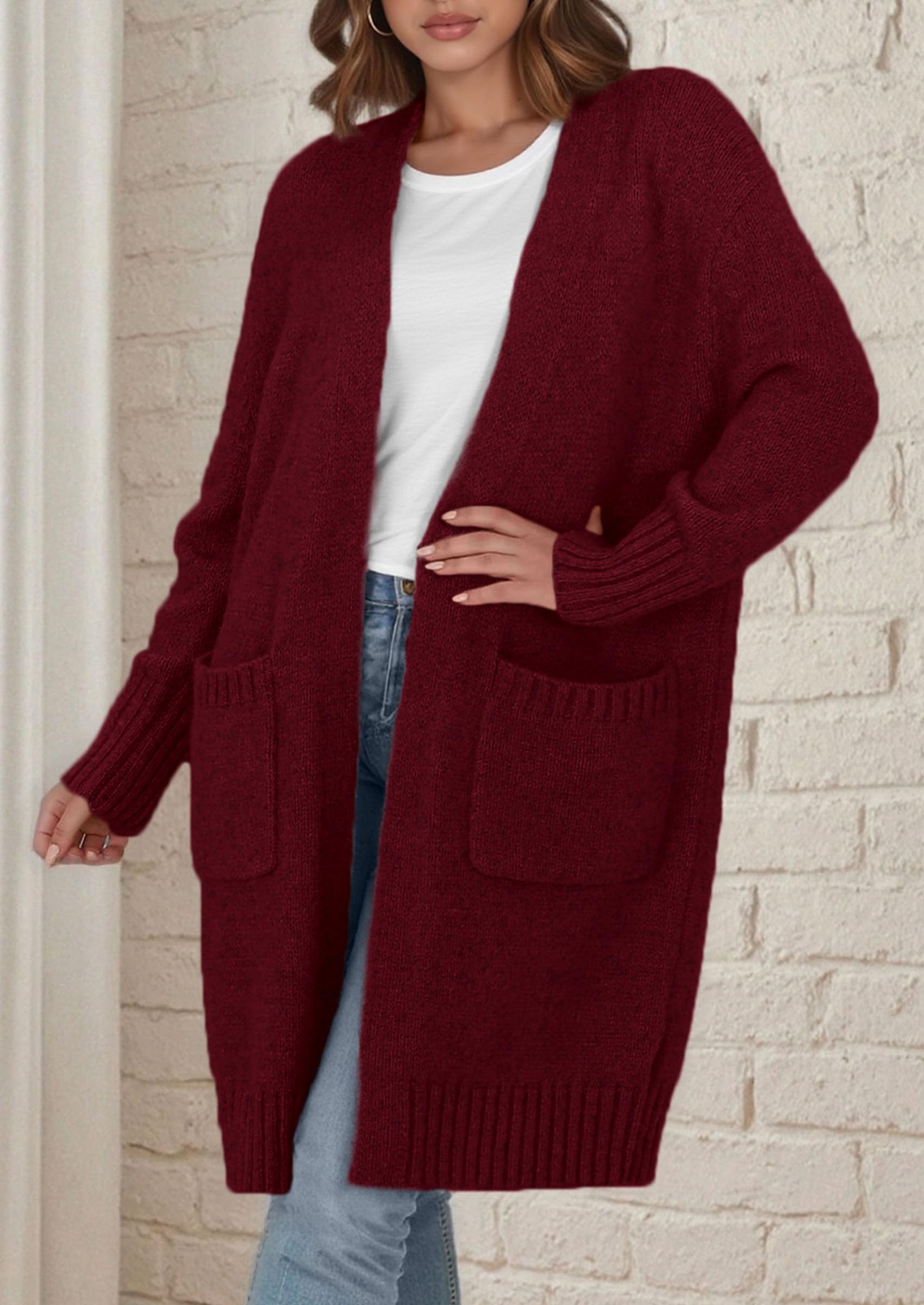Open Front Cardigan Sweaters for Women,Wine Red,S