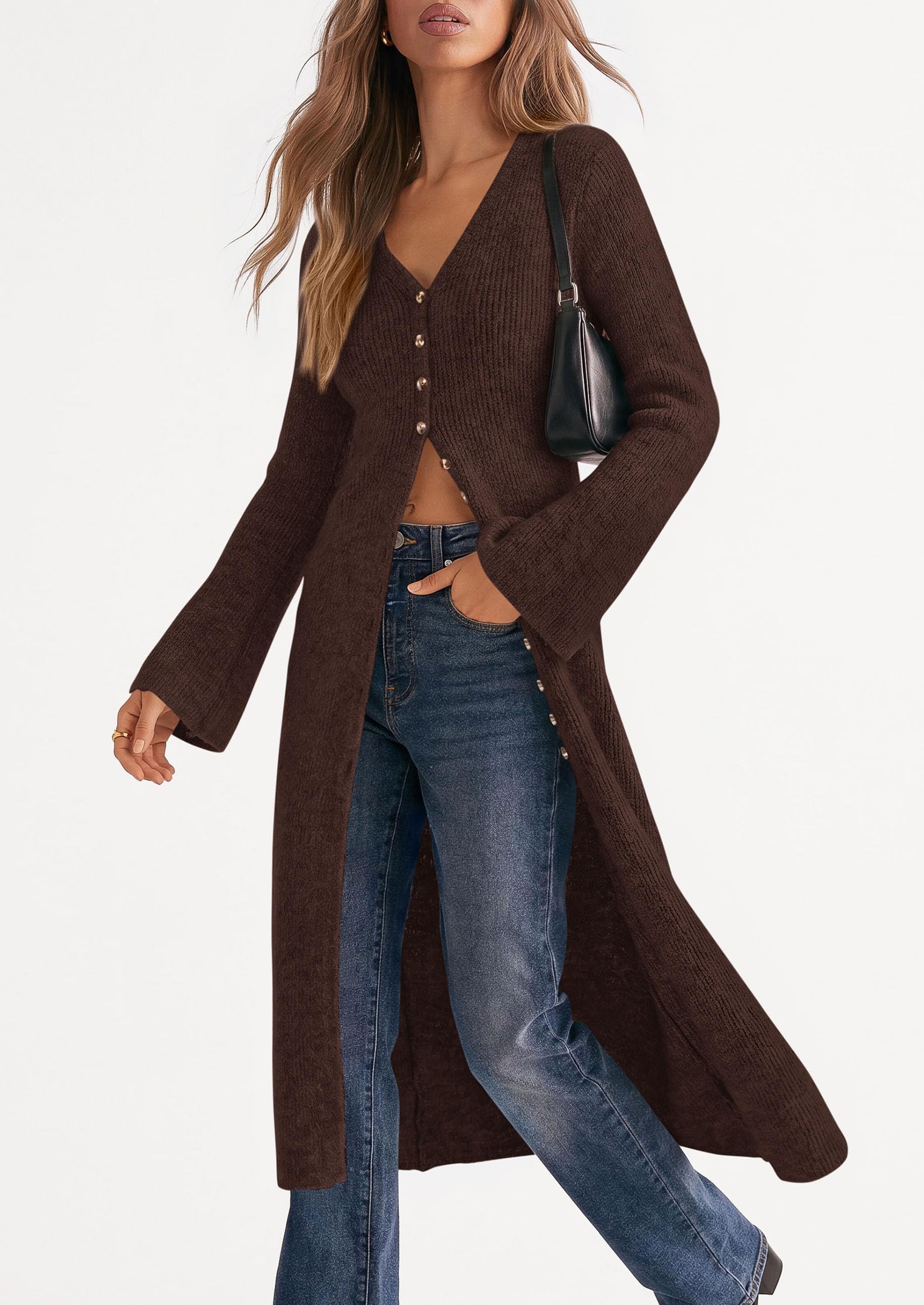 Women Long Cardigan Bell Sleeve Sweater Dress (Brown,S)