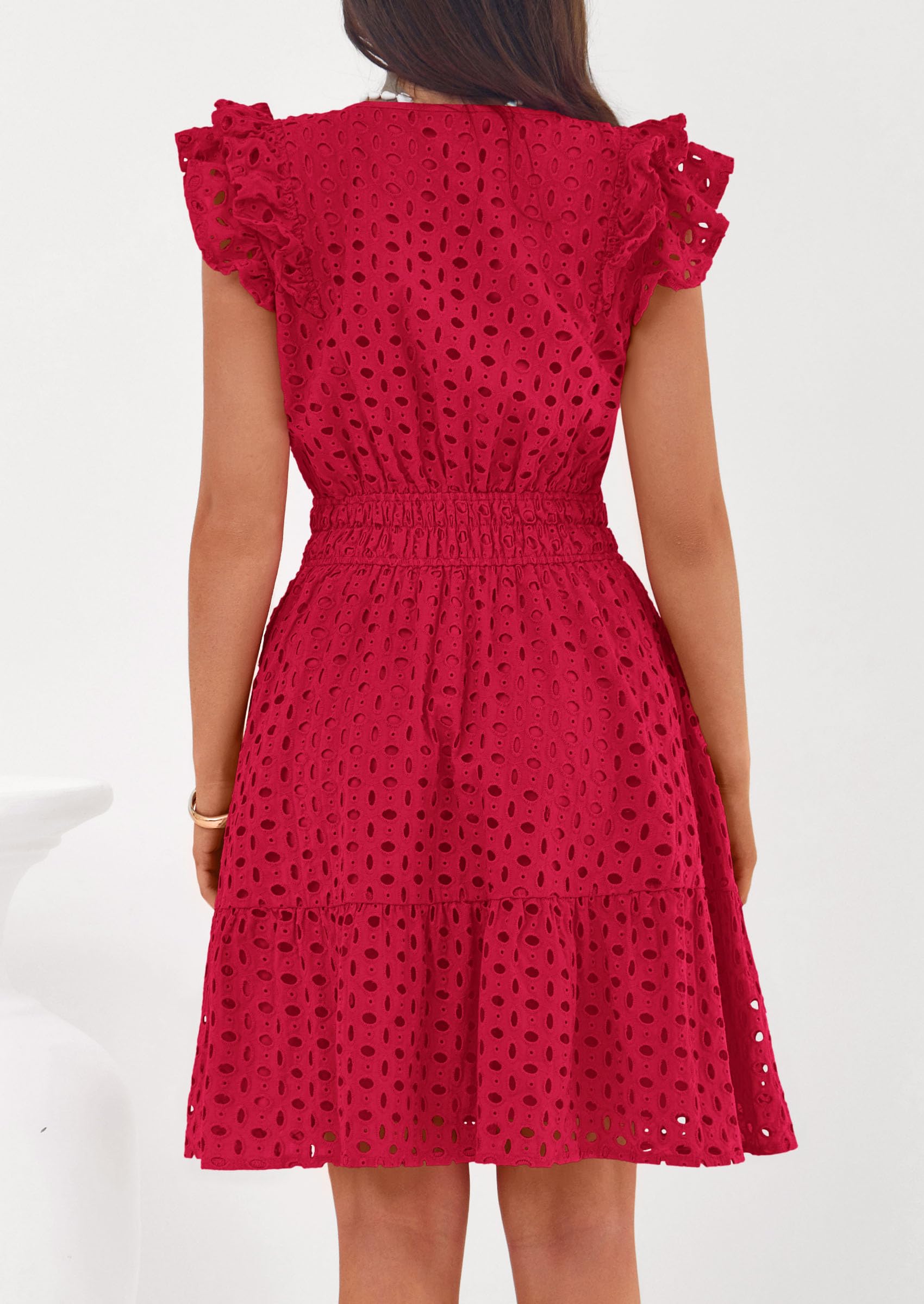 Women's Summer V Neck Eyelet Short Dress (Red,Small)