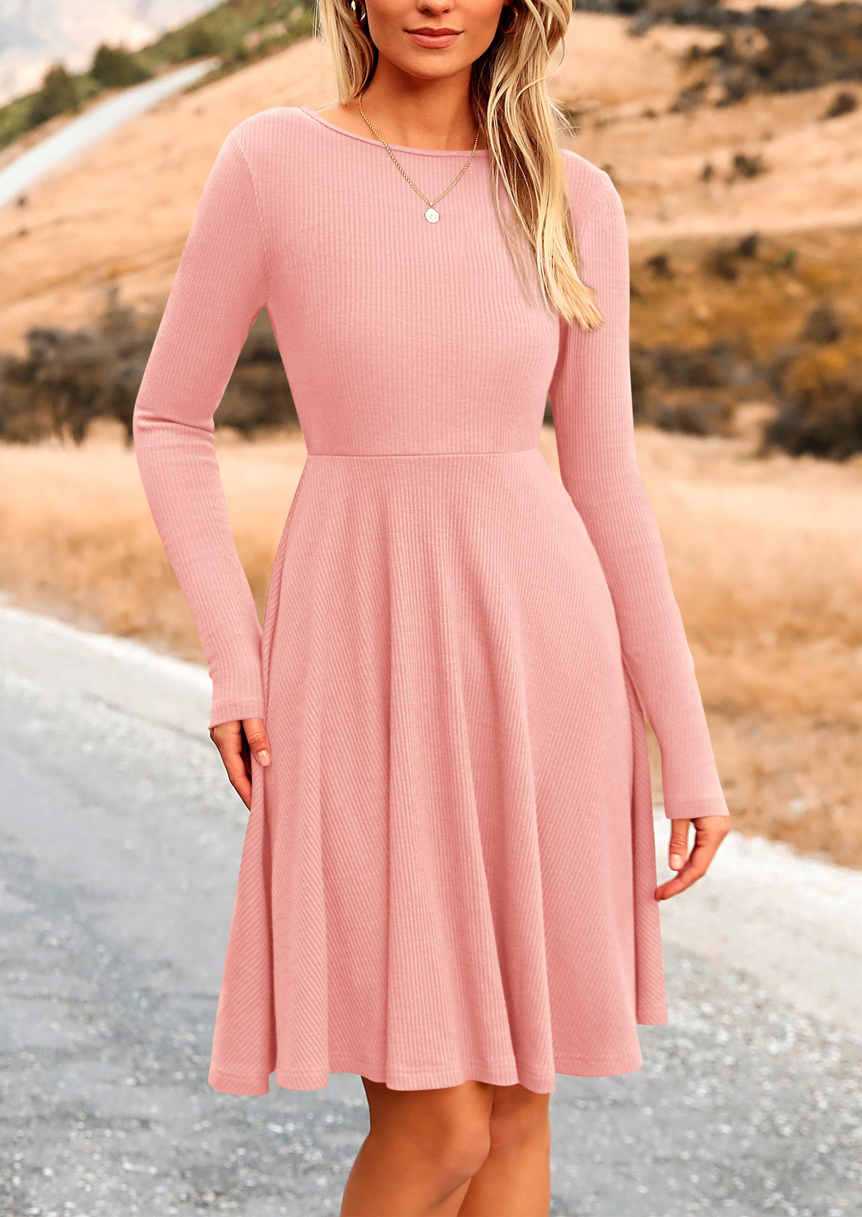 Women's Fall Casual Long Sleeve Short Dress (Pink,S)