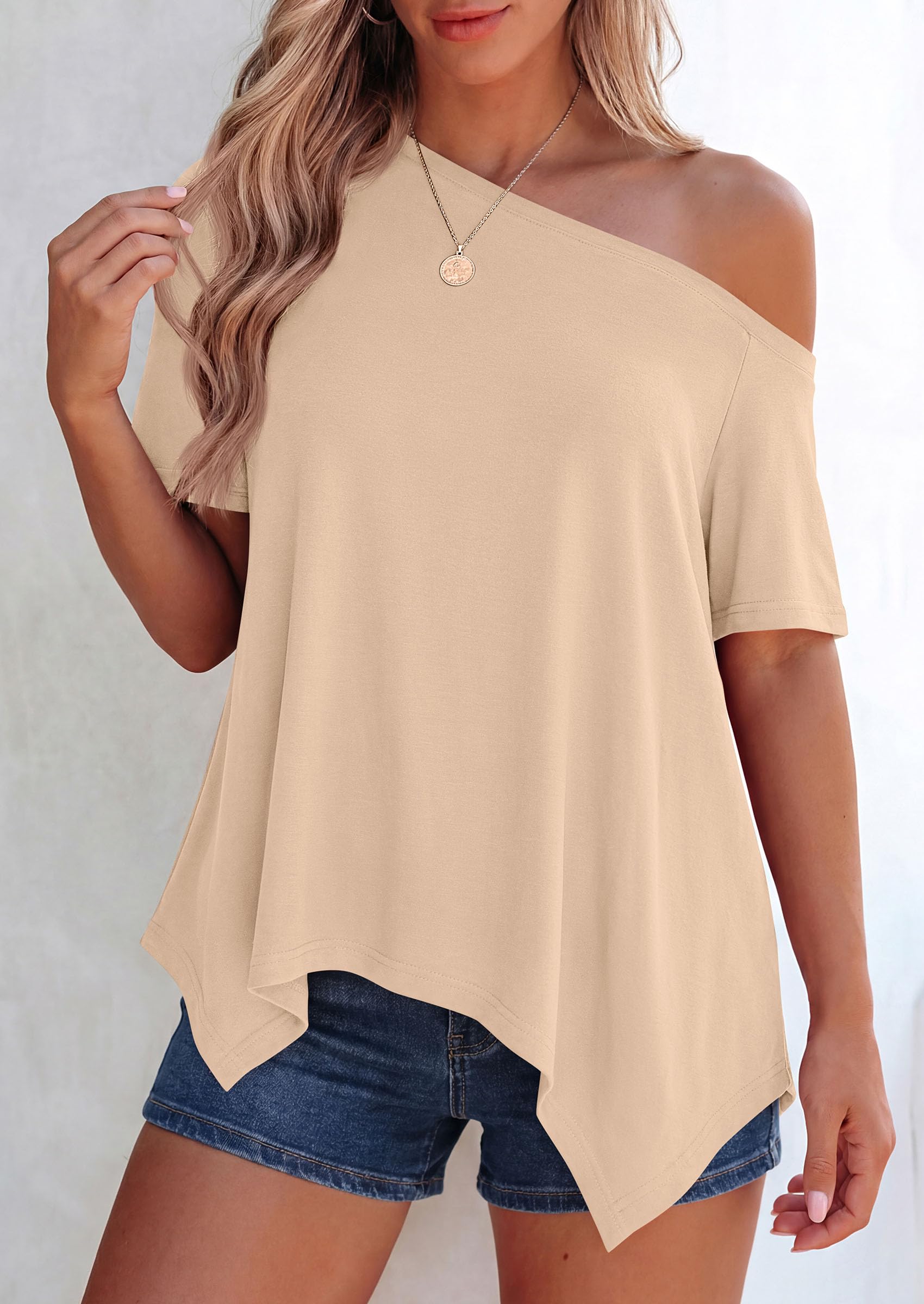 Off Shoulder Tops for Women Oversized Tshirts, Beige,M