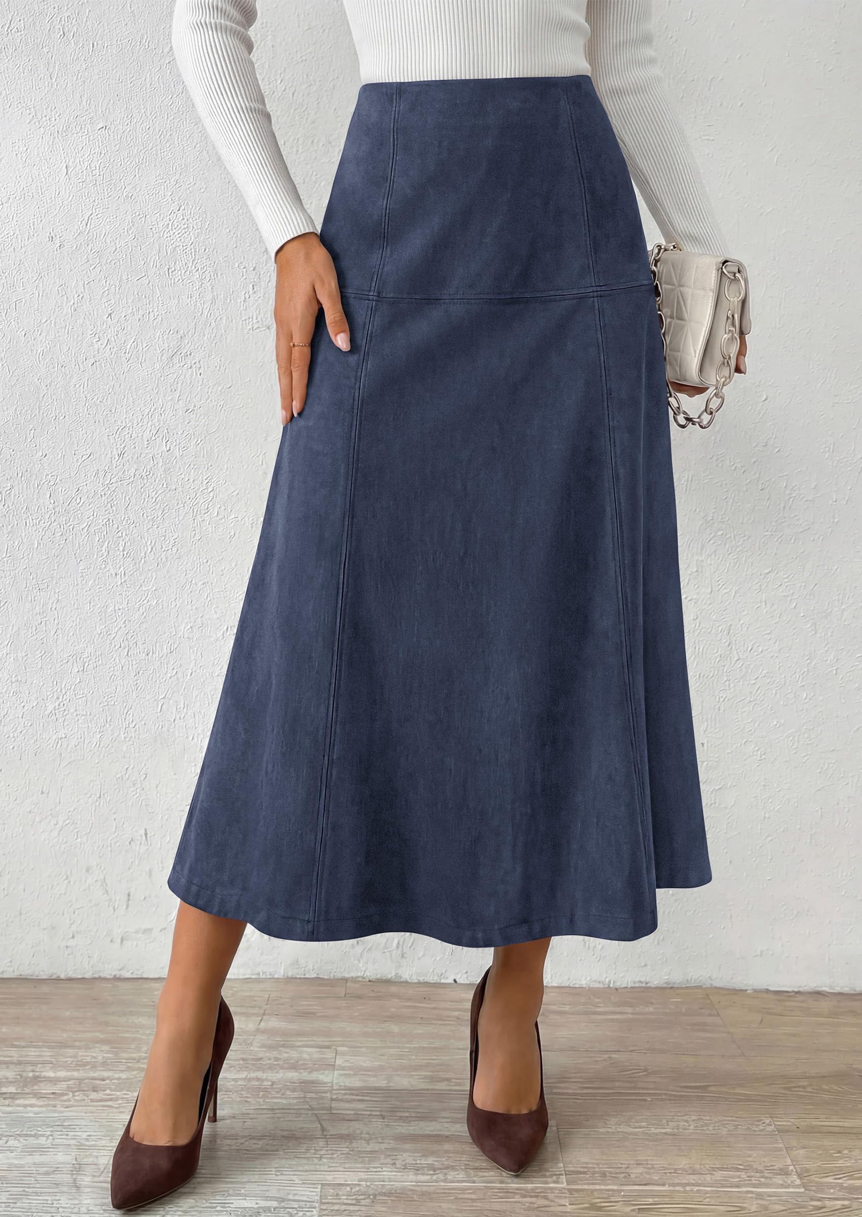 Womens High Waist Faux Suede A Line Midi Skirt,Navy,S