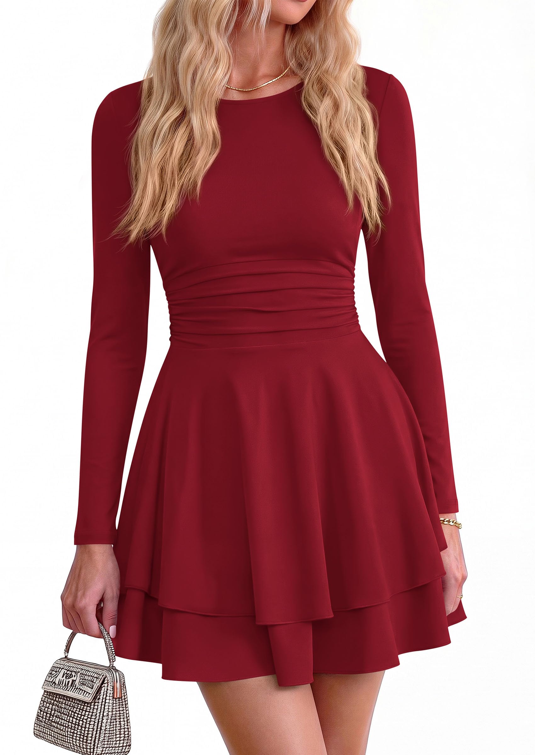Womens Fit and Flare Crewneck Long Sleeve Mini Dress Wine Red