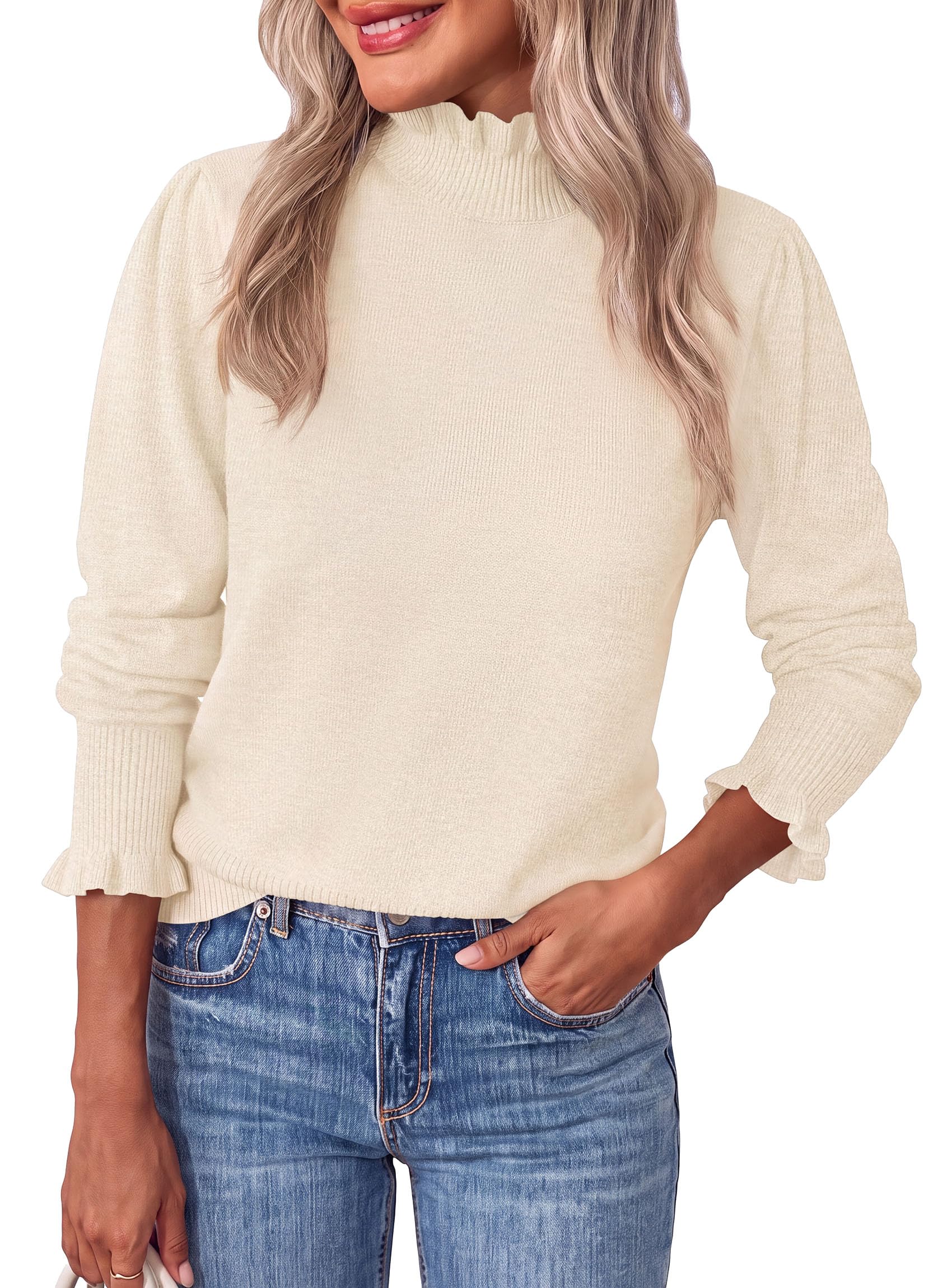 Women's Fall Cozy Sweaters Trendy Ruffle Mock Neck Pullover