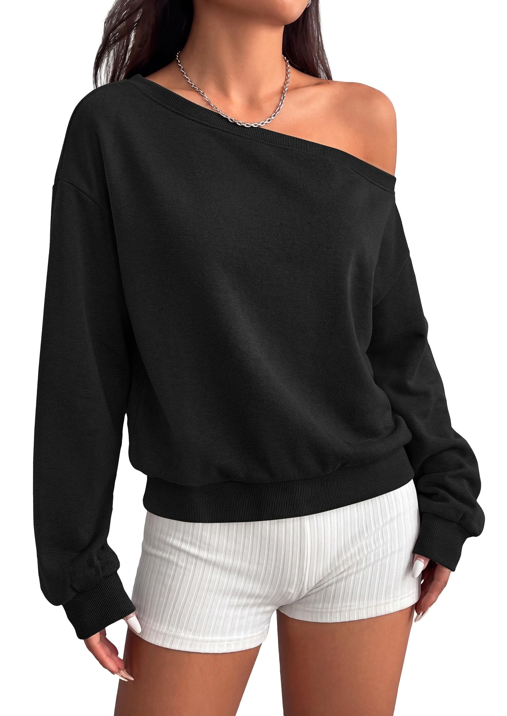 Womens Off The Shoulder Sweatshirt Fall Long Sleeve Tops Black
