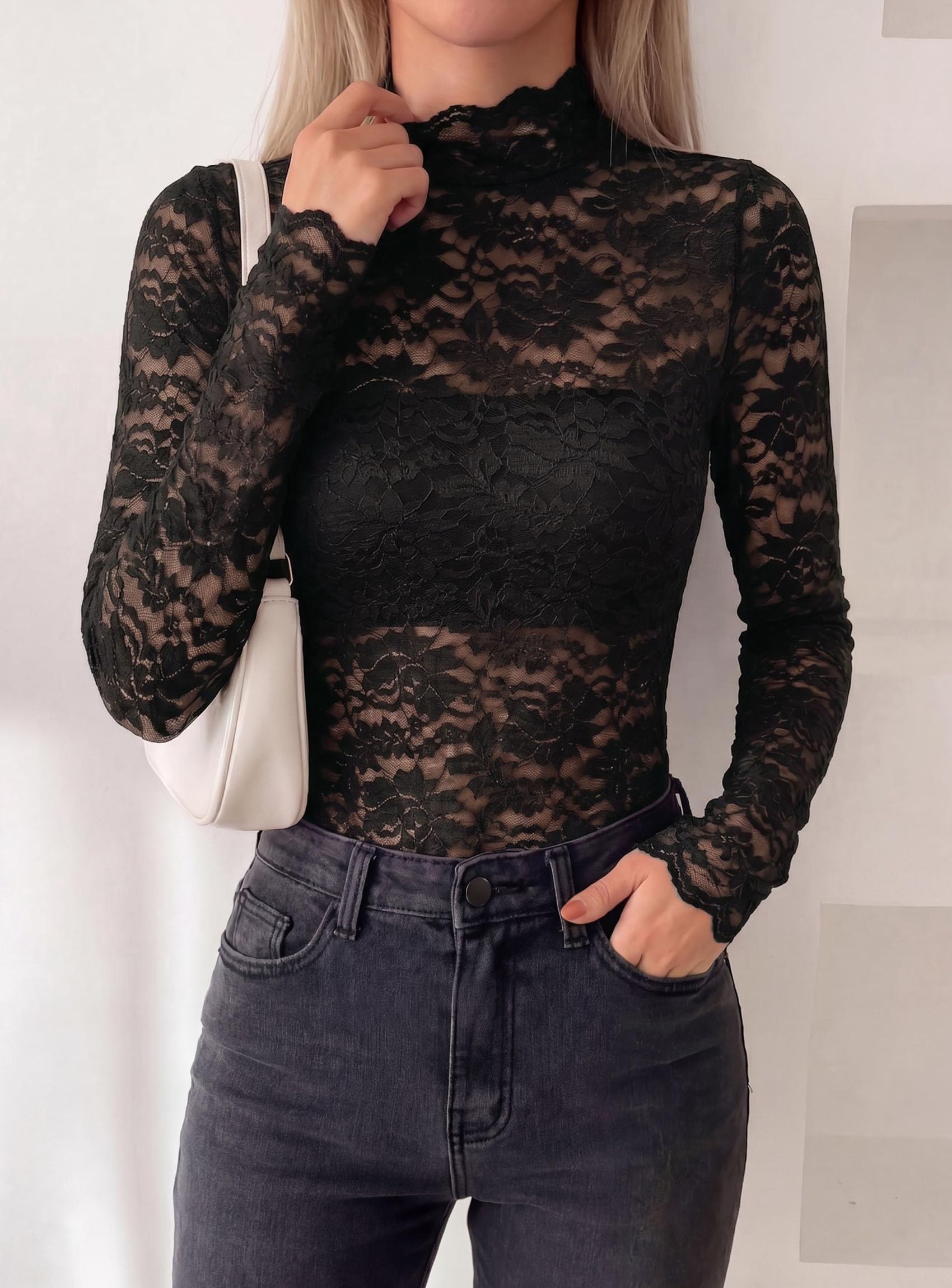 Womens Lace Long Sleeve Tops Sheer Mesh Blouse Black,S