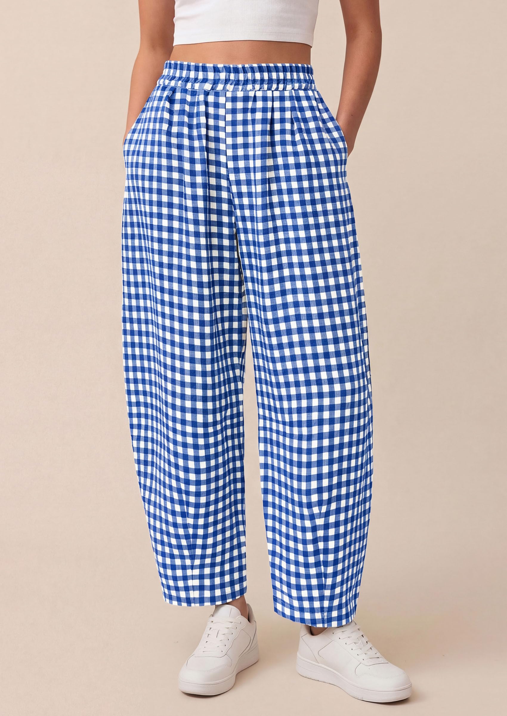 Plaid Barrel Pants Women Summer Bottoms, Blue Plaid,S