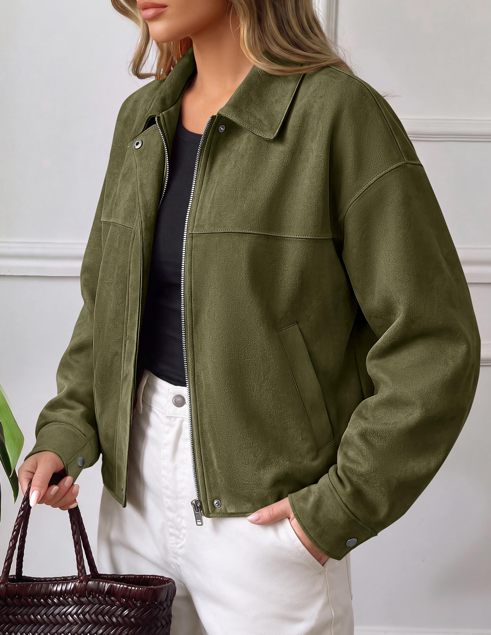 Women's Faux Suede Cropped Fall Jackets,Army Green,M