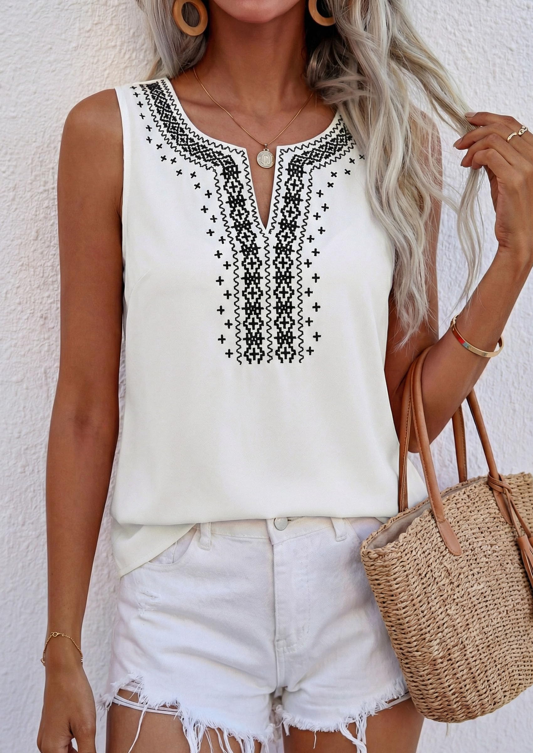 Womens Embroidered Sleeveless Tank Tops White,S
