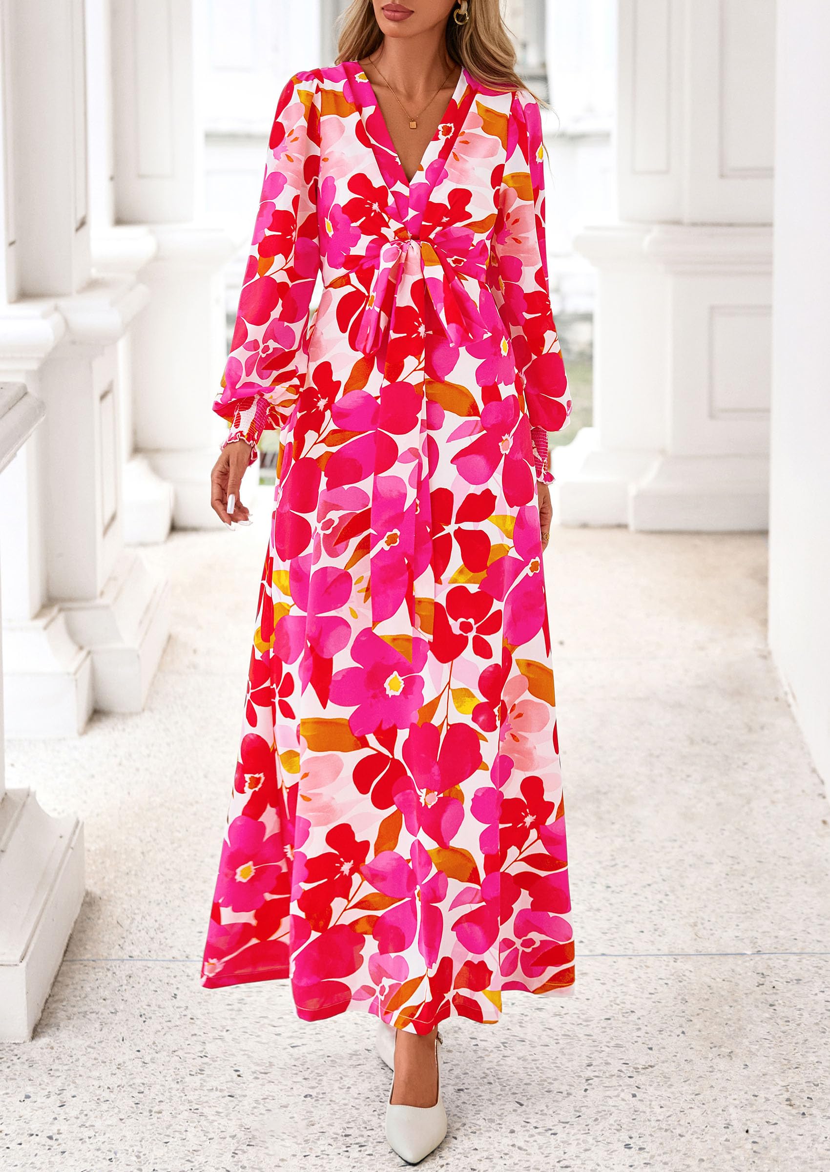 Women's Tie Waist Floral Maxi Dress,Floral White Rose Red,S