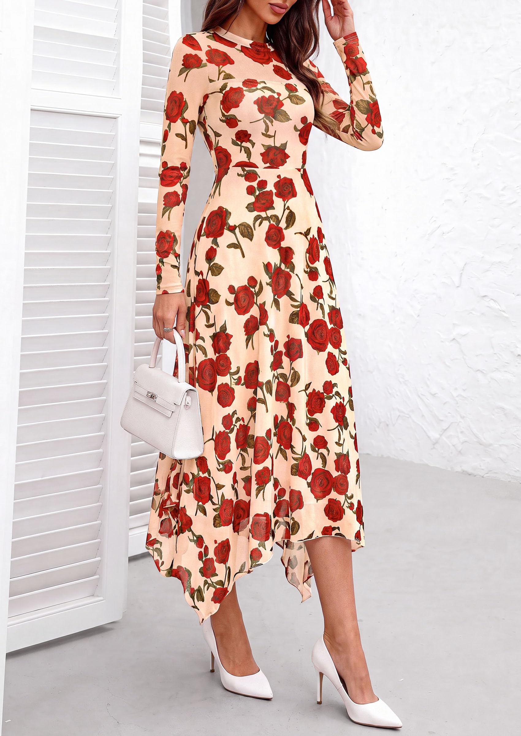 Women's Floral Mesh Midi Dress,Floral Apricot Red,S