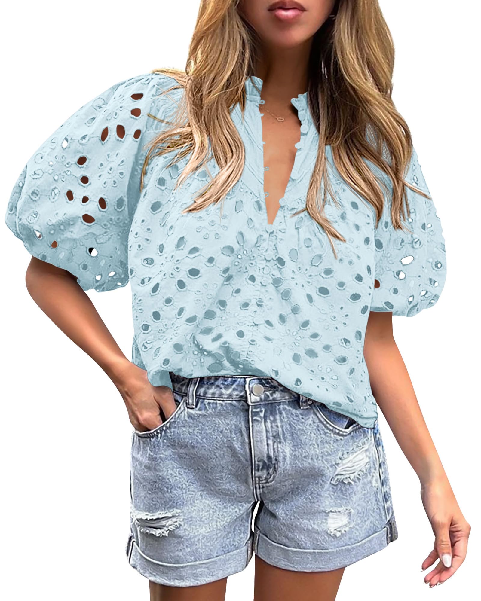 Womens Tops Boho Eyelet Puff Sleeve Blouse, Light Blue,S