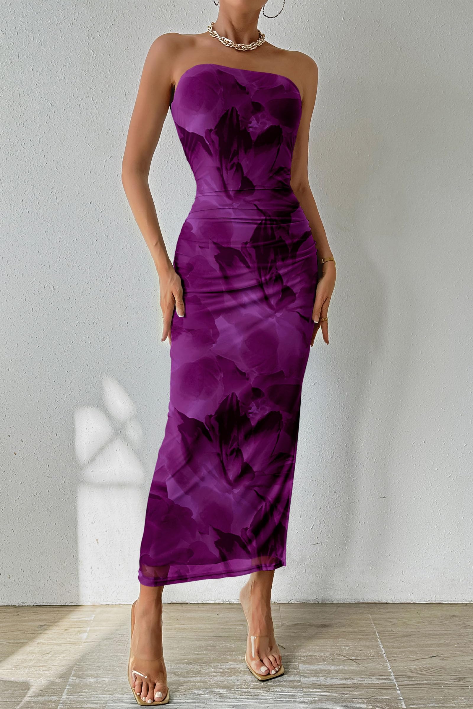 Women's Strapless Bodycon Floral Maxi Dress, Floral Purple,S