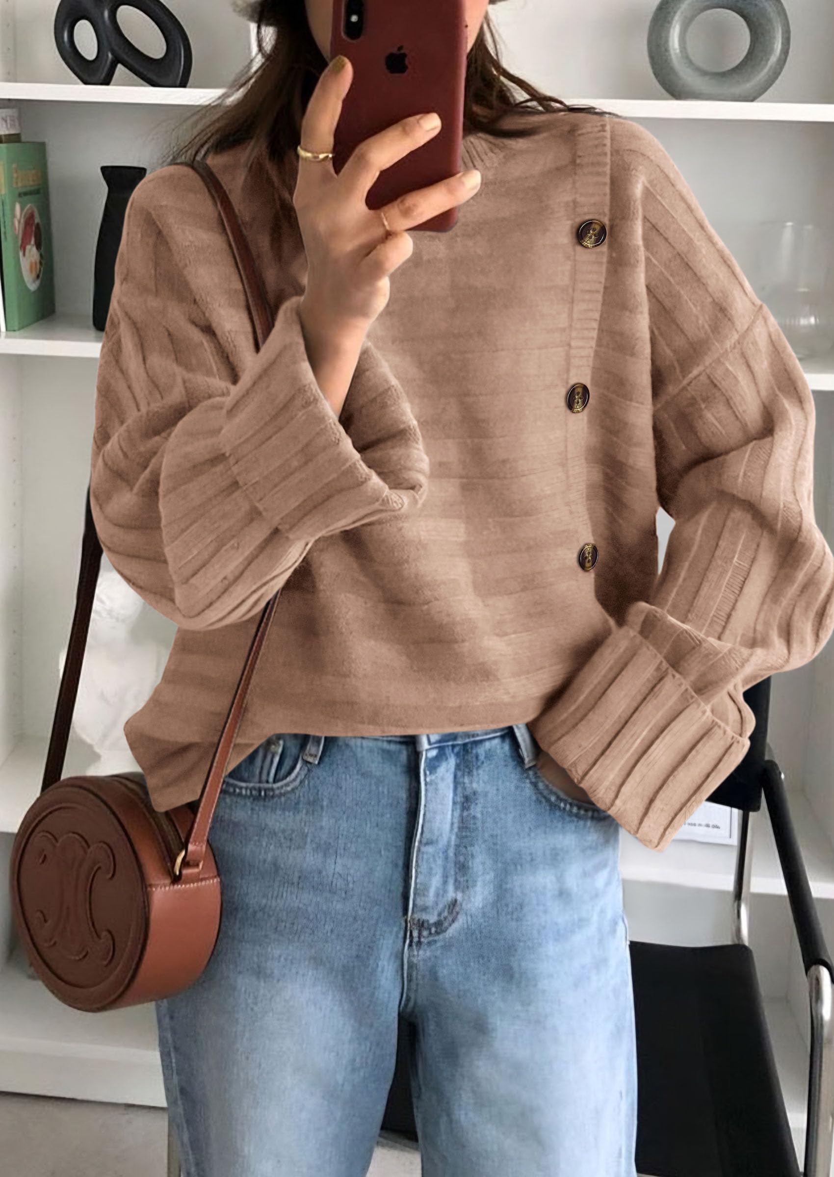 Womens Asymmetric Button Long Sleeve Sweater,Khaki,S